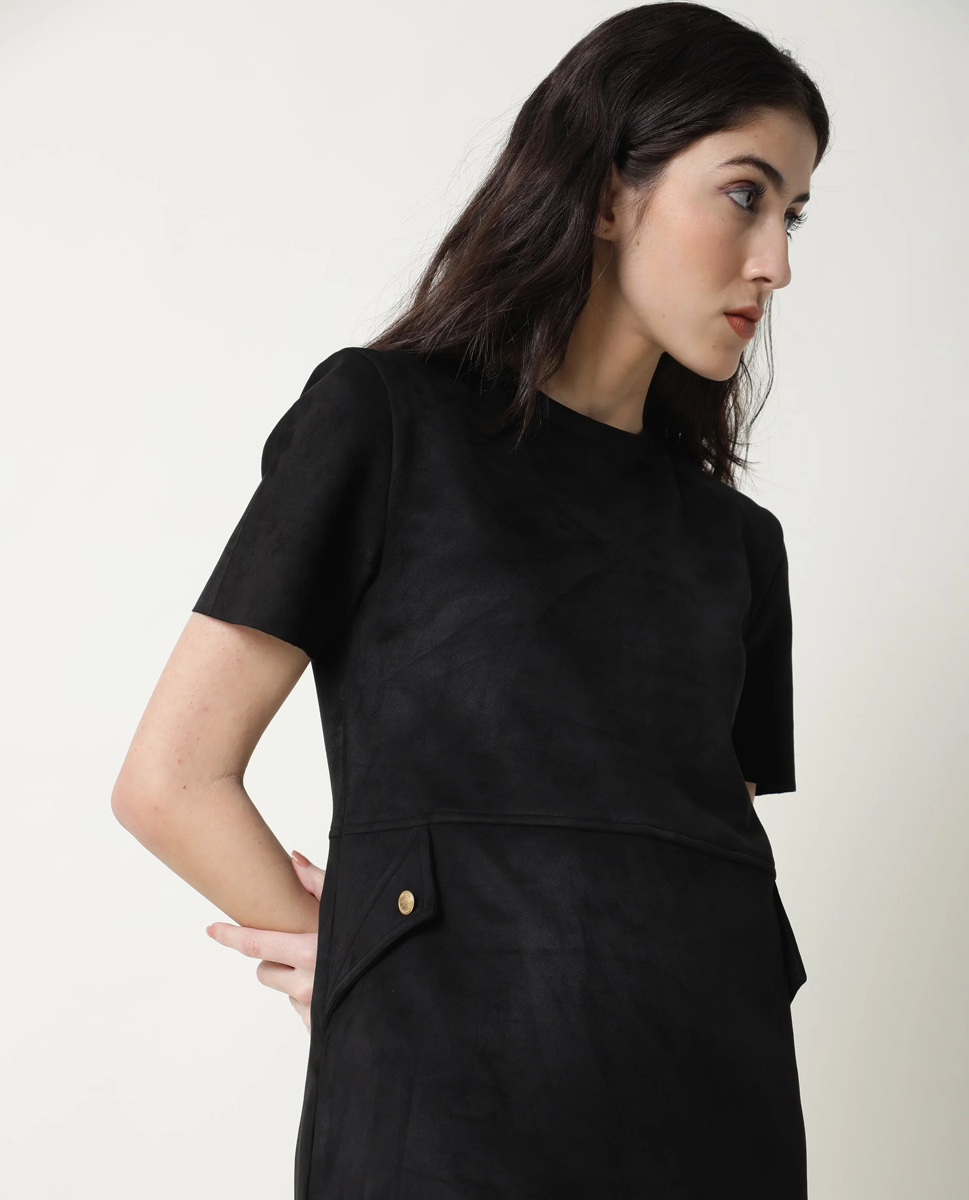 Rareism Women's Sions Black Crew Neck Plain Knee Length Tailored Dress - Image 5