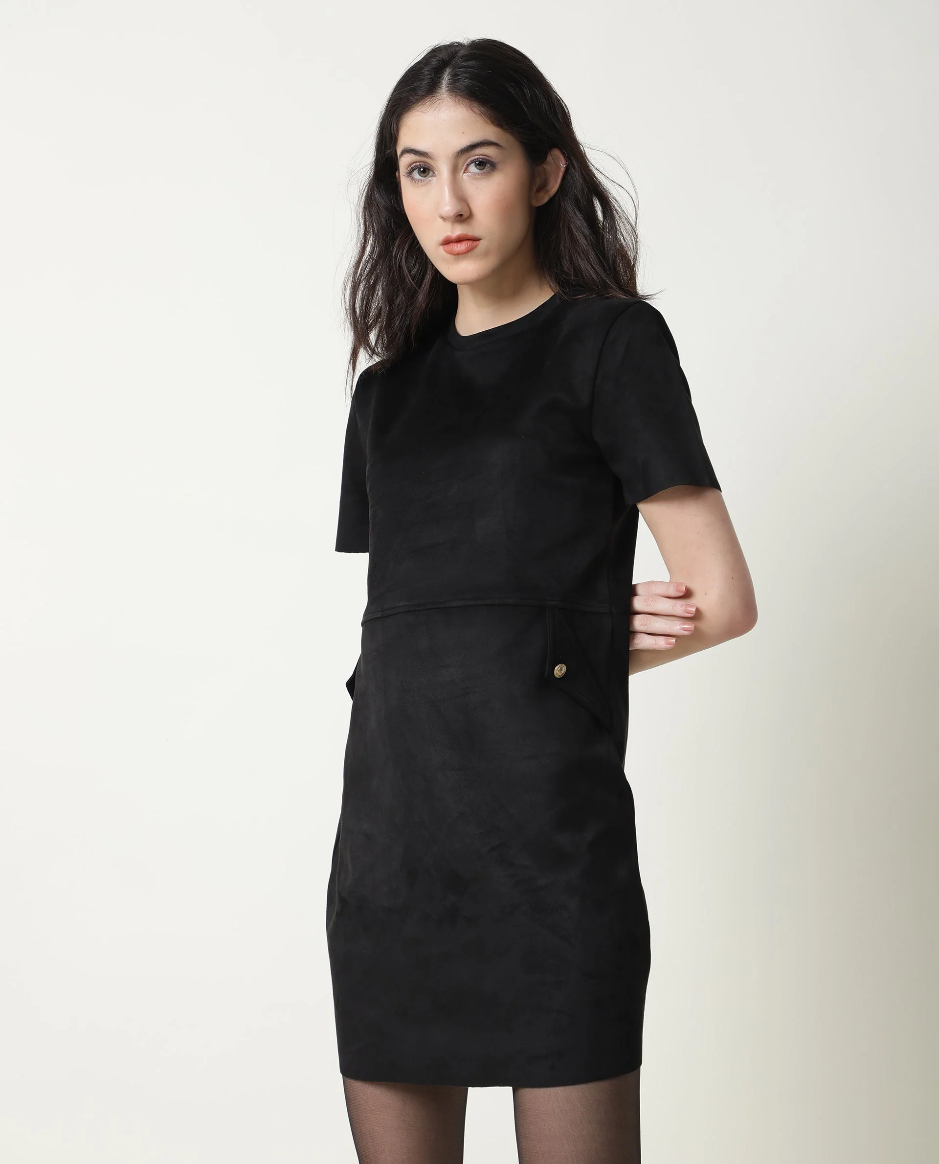 Rareism Women's Sions Black Crew Neck Plain Knee Length Tailored Dress - Image 6
