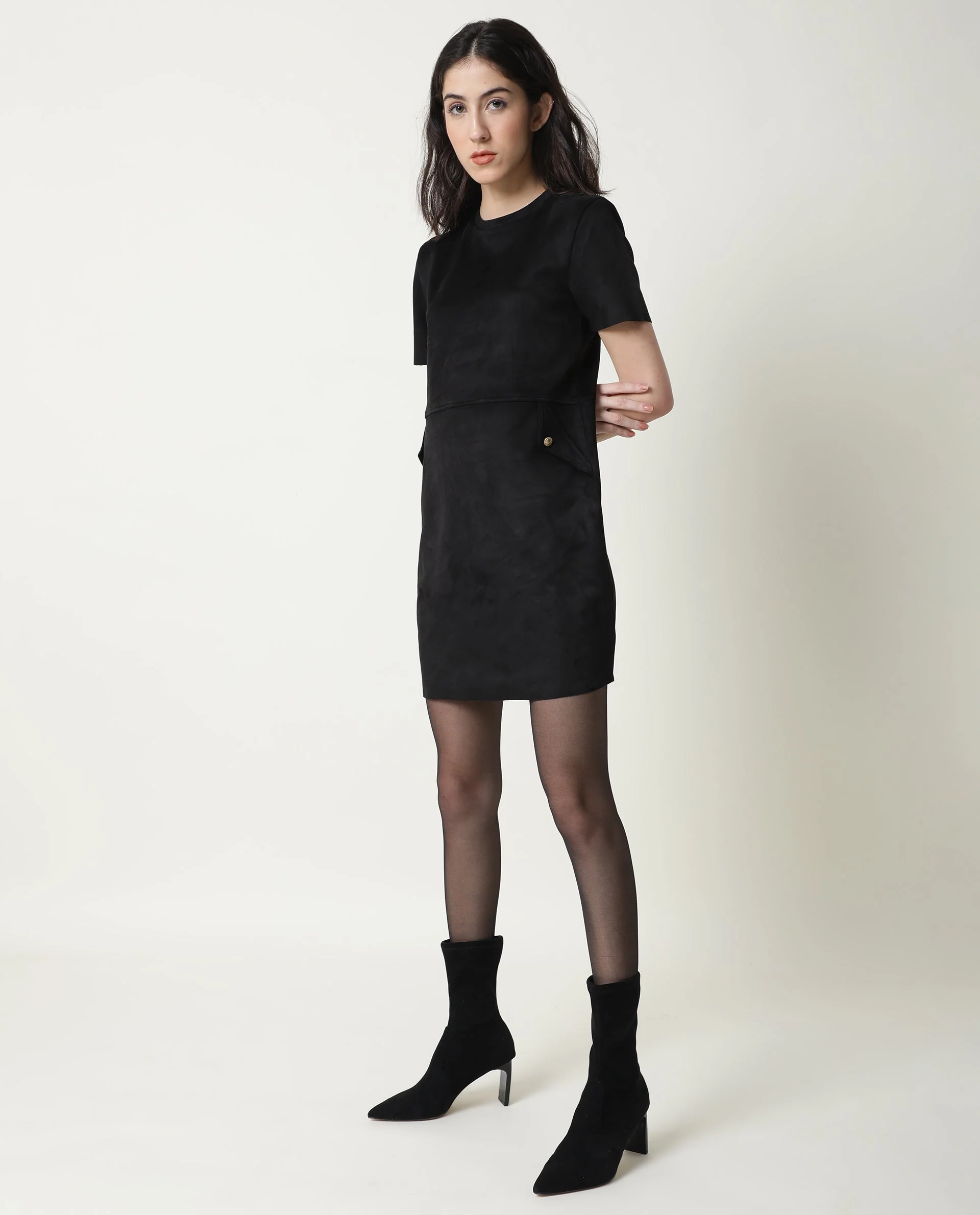 Rareism Women's Sions Black Crew Neck Plain Knee Length Tailored Dress - Image 8
