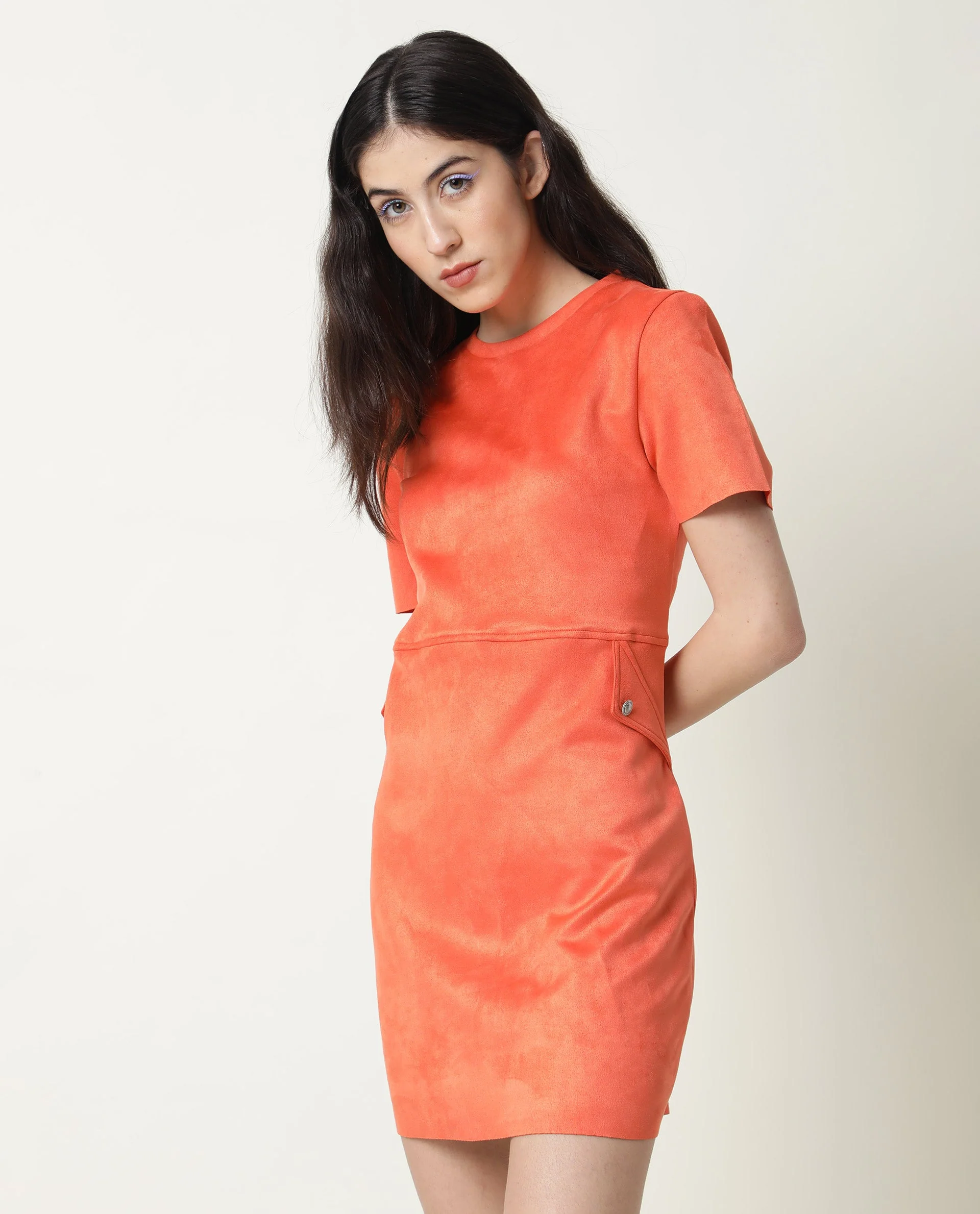 Rareism Women's Sions Orange Polyester Crew Neck Plain Knee Length Tailored Dress