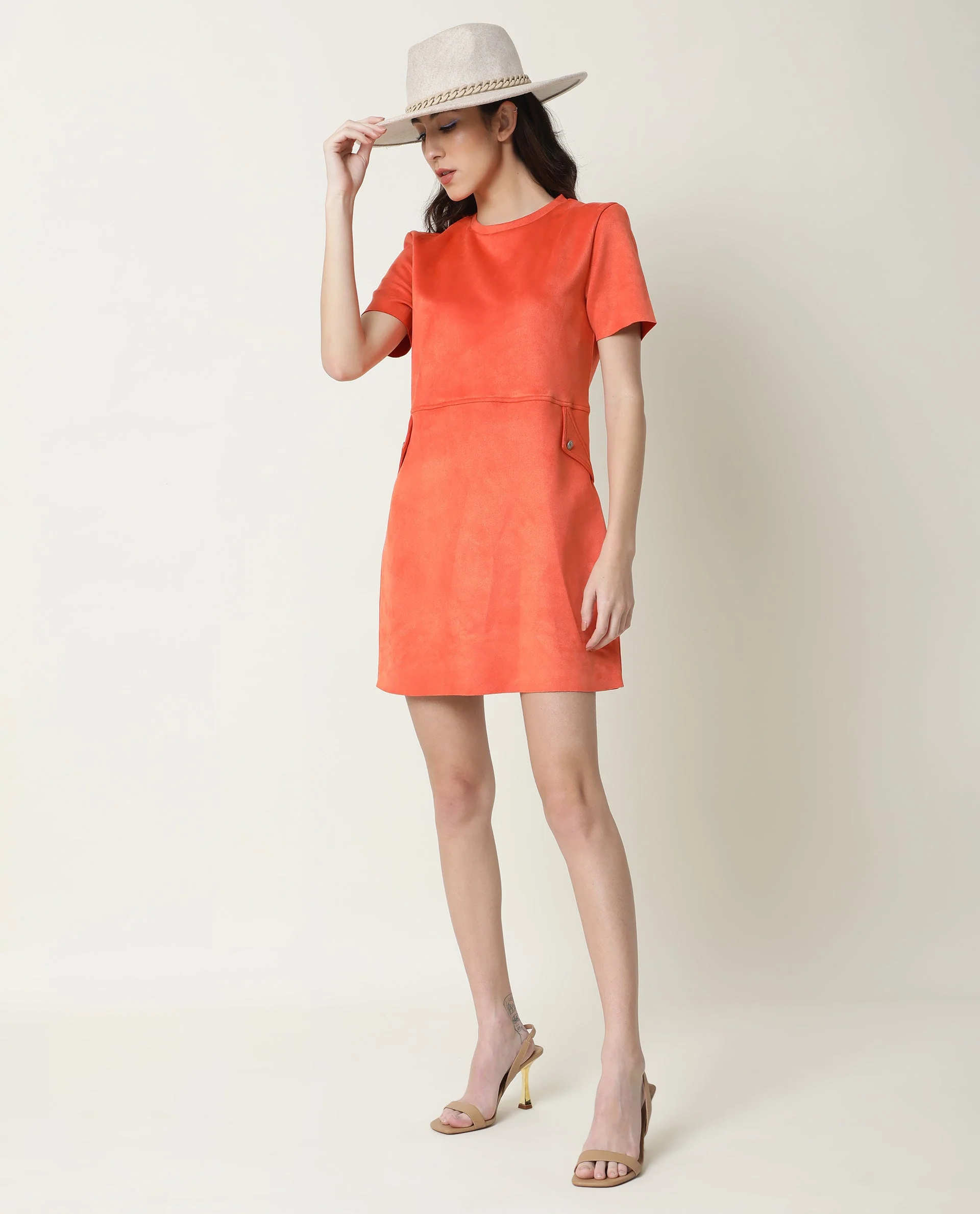 Rareism Women's Sions Orange Polyester Crew Neck Plain Knee Length Tailored Dress - Image 10