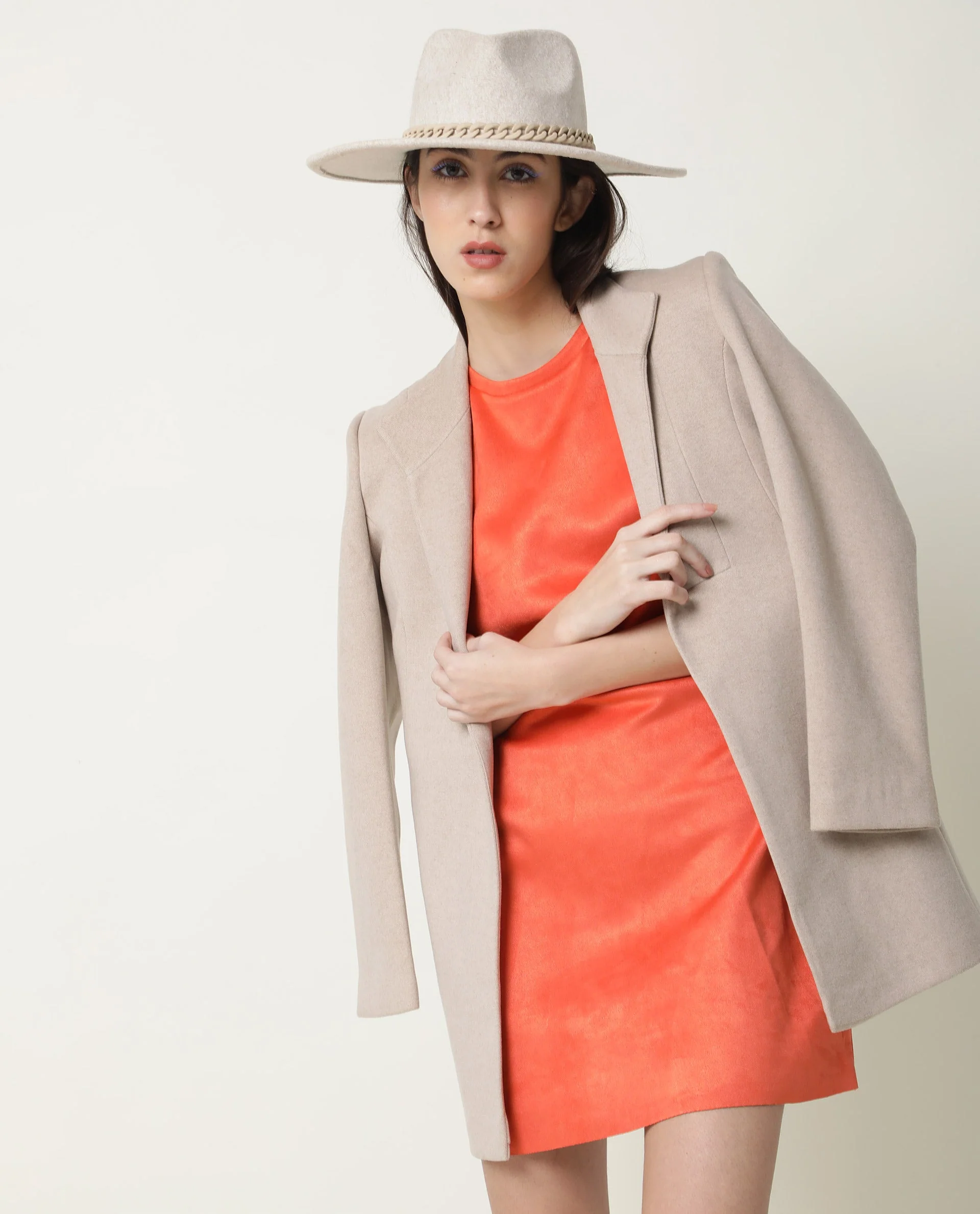 Rareism Women's Sions Orange Polyester Crew Neck Plain Knee Length Tailored Dress - Image 11