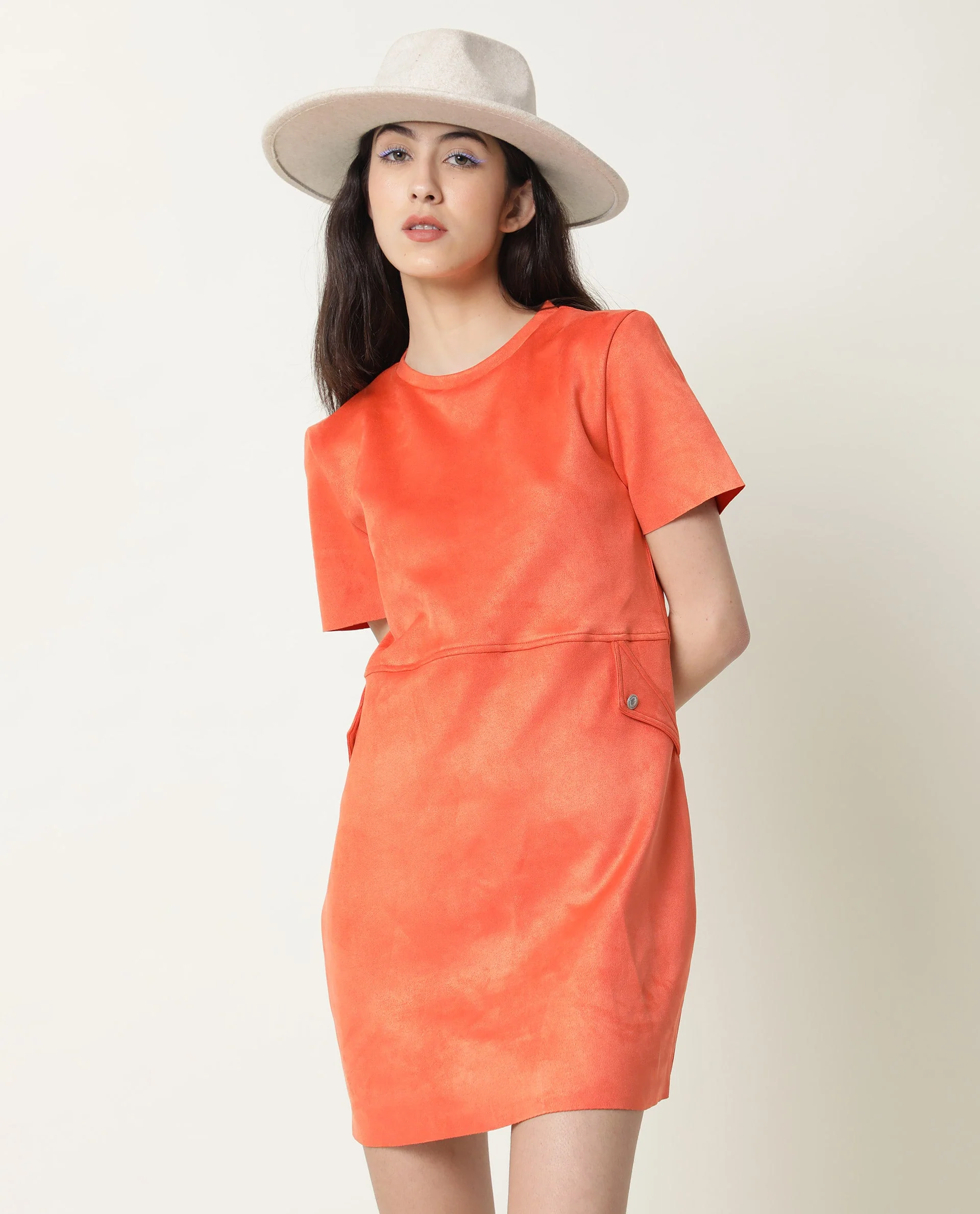 Rareism Women's Sions Orange Polyester Crew Neck Plain Knee Length Tailored Dress - Image 2