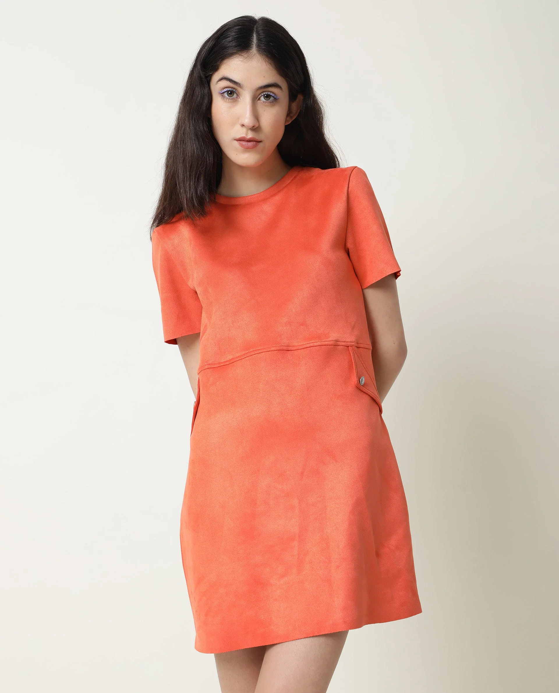 Rareism Women's Sions Orange Polyester Crew Neck Plain Knee Length Tailored Dress - Image 4