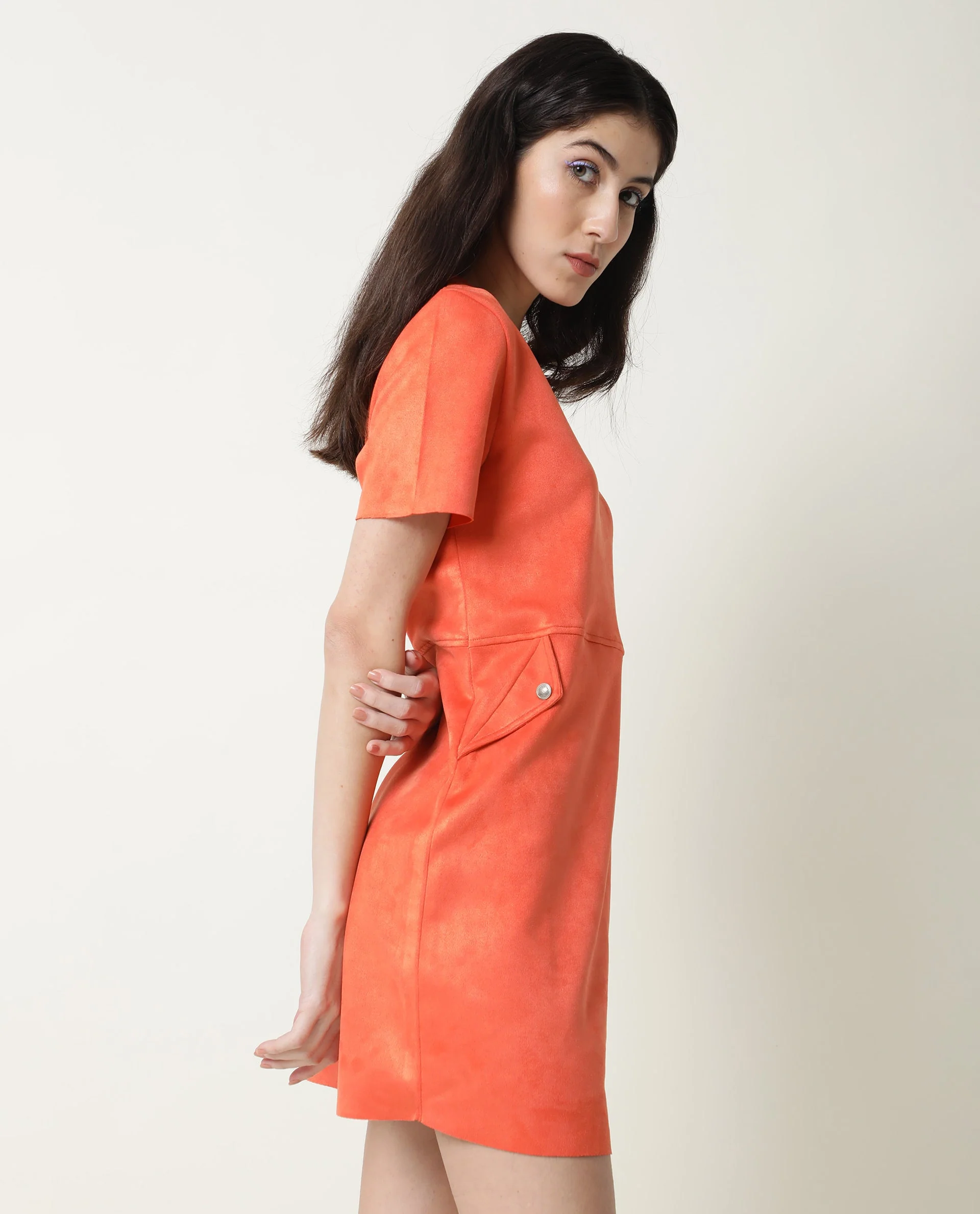 Rareism Women's Sions Orange Polyester Crew Neck Plain Knee Length Tailored Dress - Image 5