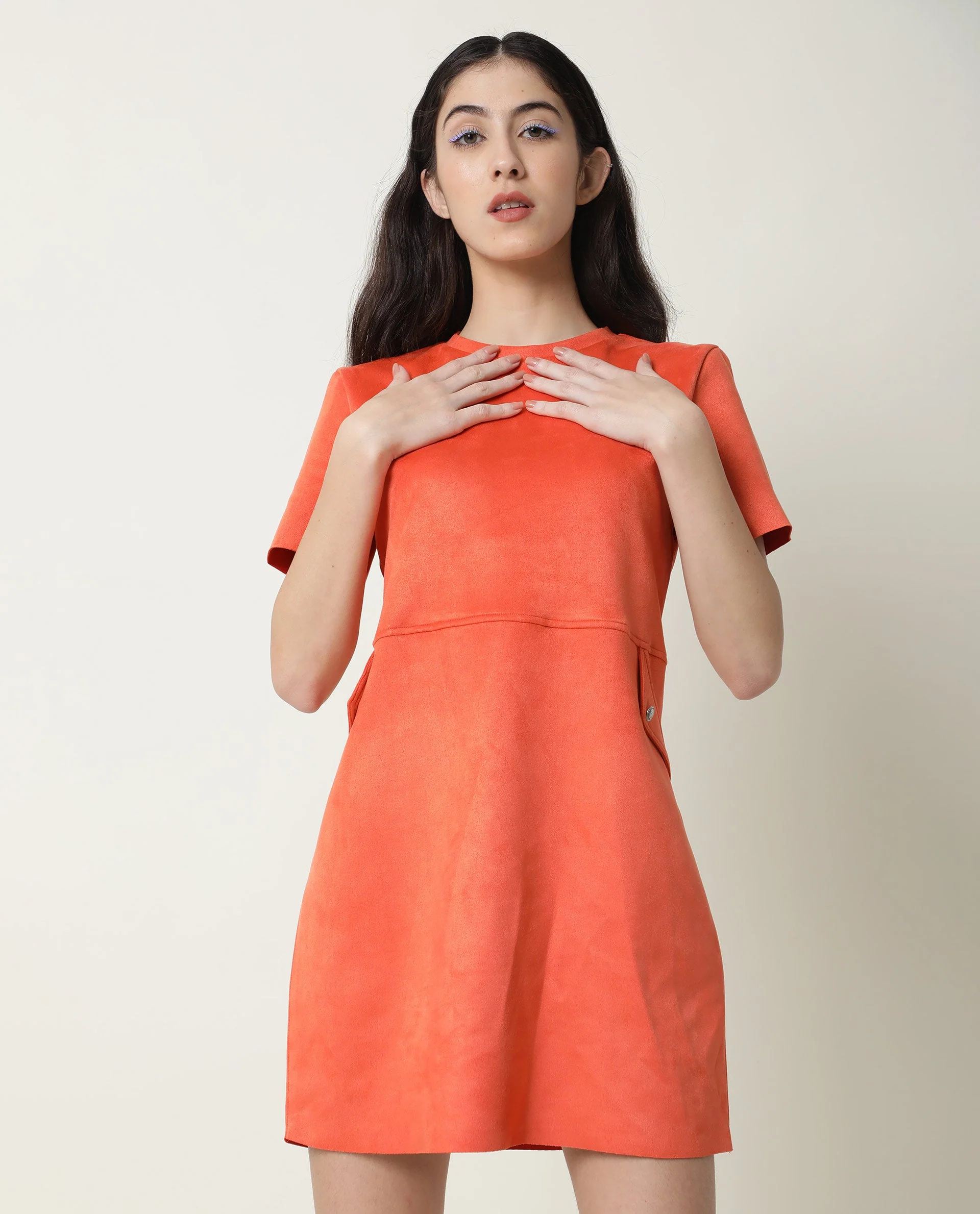 Rareism Women's Sions Orange Polyester Crew Neck Plain Knee Length Tailored Dress - Image 6