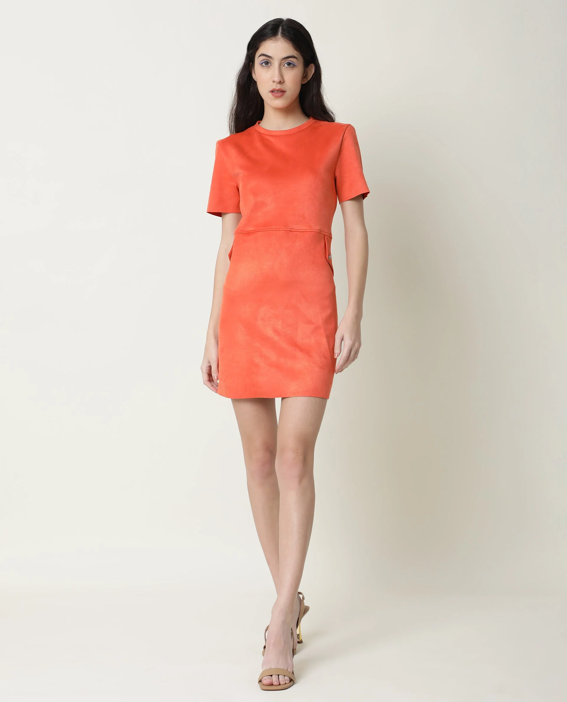 Rareism Women's Sions Orange Polyester Crew Neck Plain Knee Length Tailored Dress - Image 7