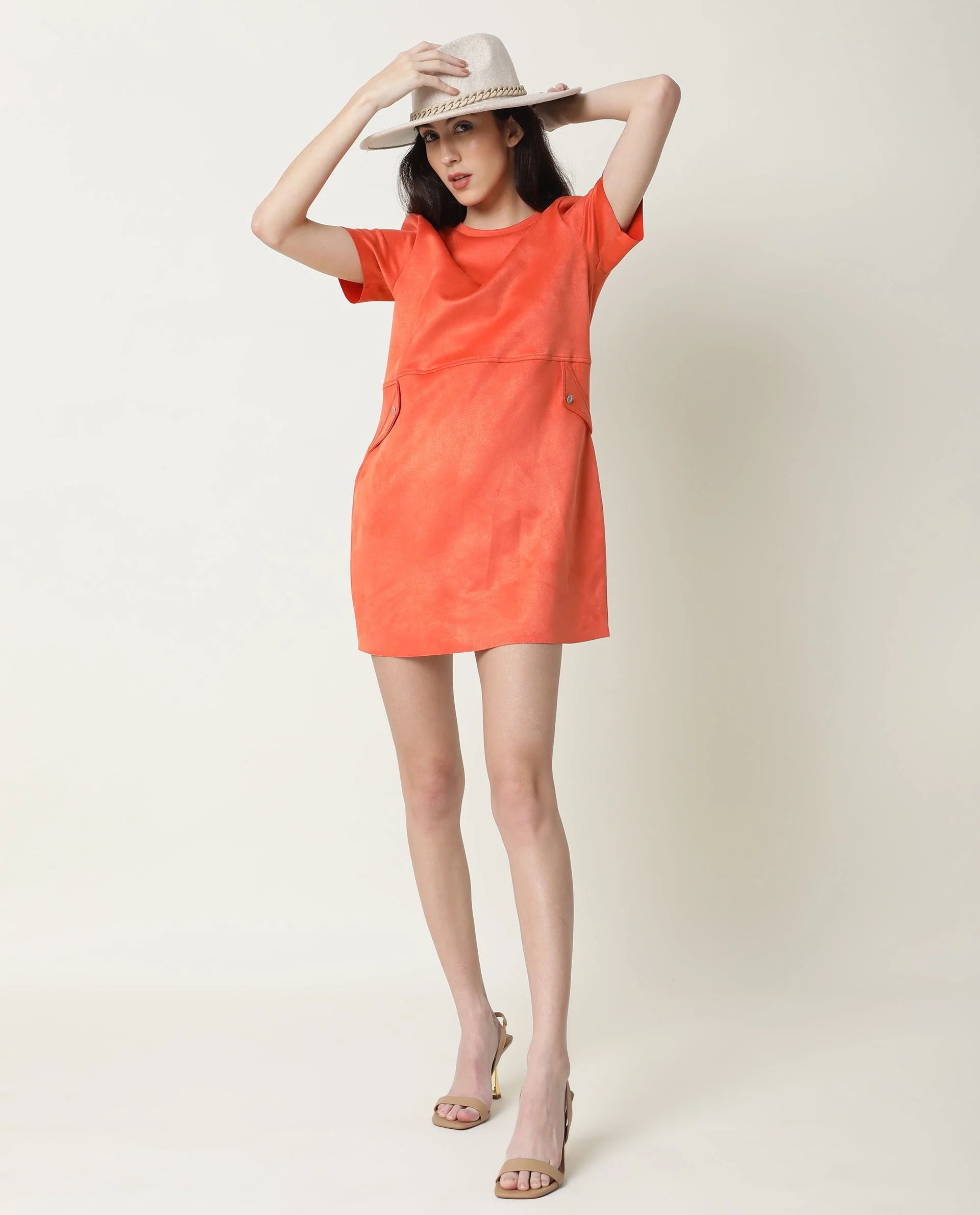 Rareism Women's Sions Orange Polyester Crew Neck Plain Knee Length Tailored Dress - Image 8