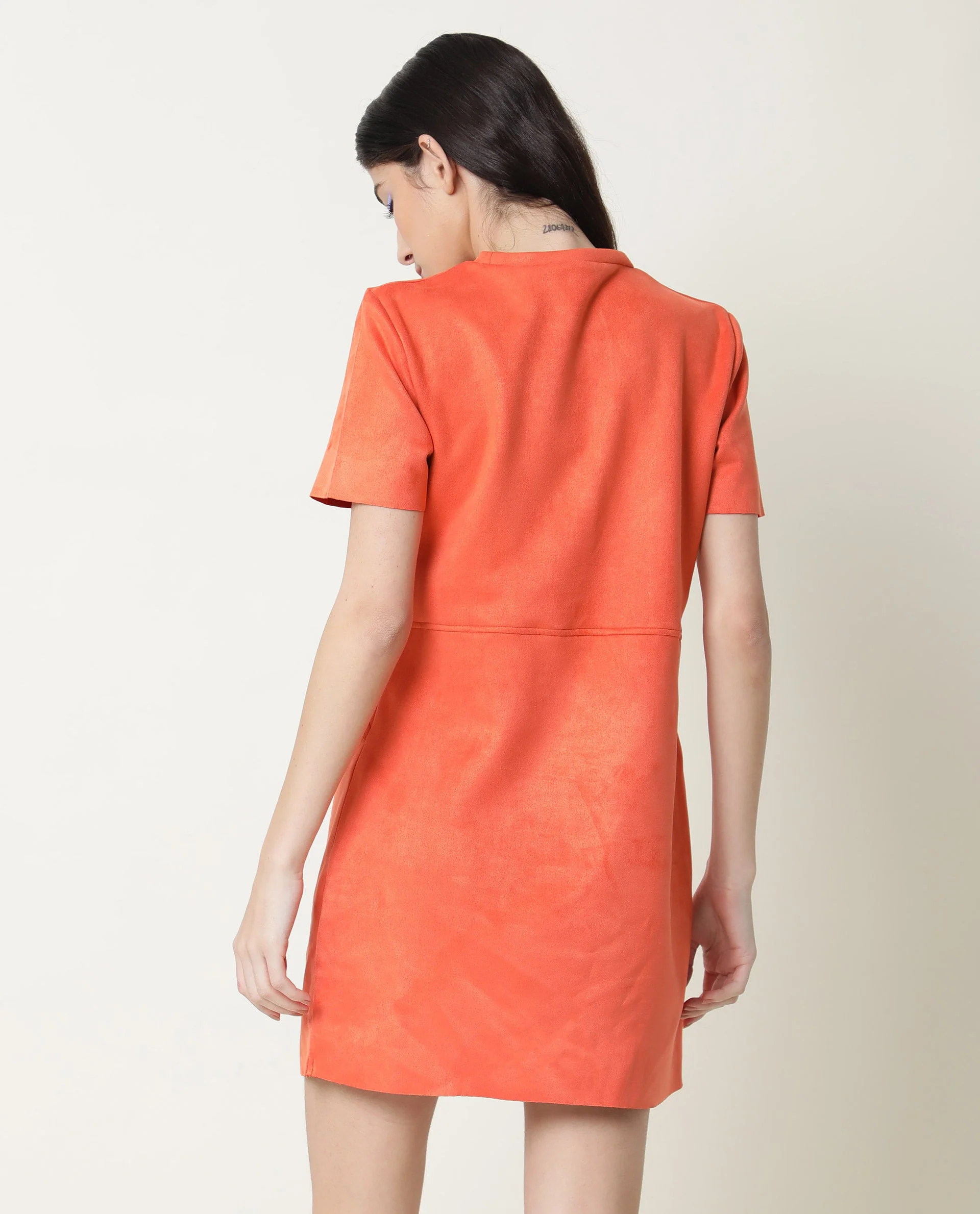 Rareism Women's Sions Orange Polyester Crew Neck Plain Knee Length Tailored Dress - Image 9