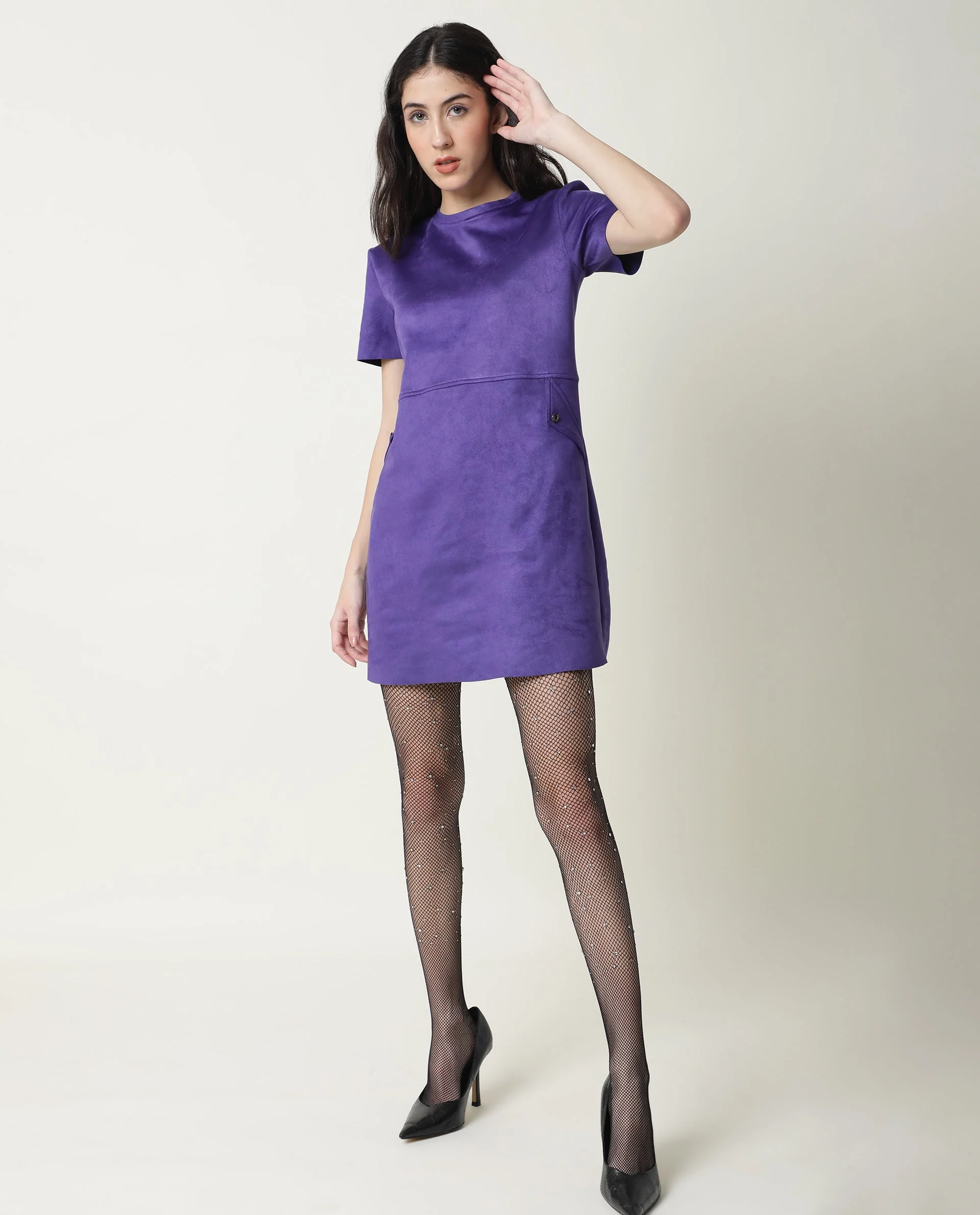 Rareism Women Sions Purple Round Neck Short Sleeves Mini Dress - Image 11
