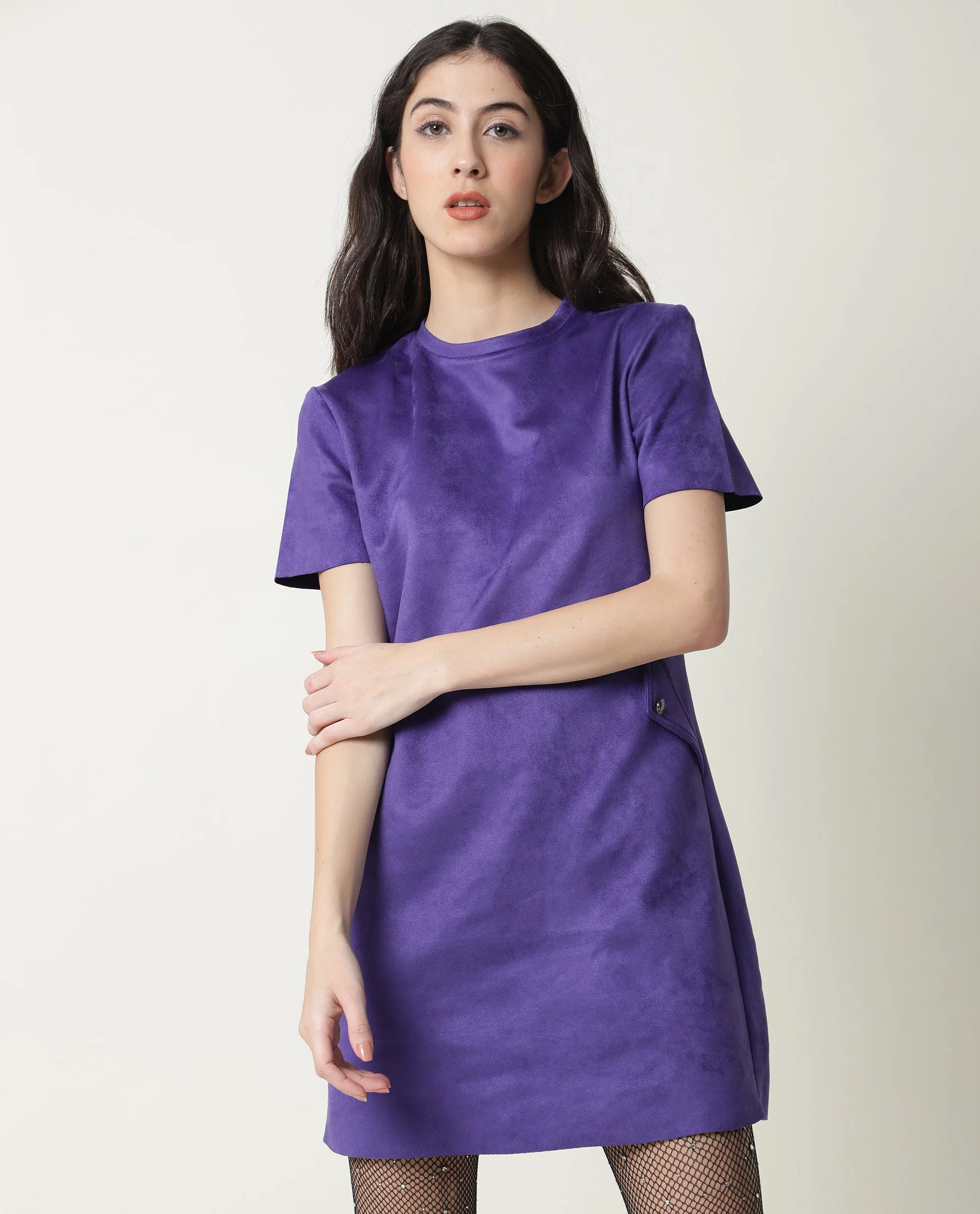 Rareism Women Sions Purple Round Neck Short Sleeves Mini Dress - Image 4