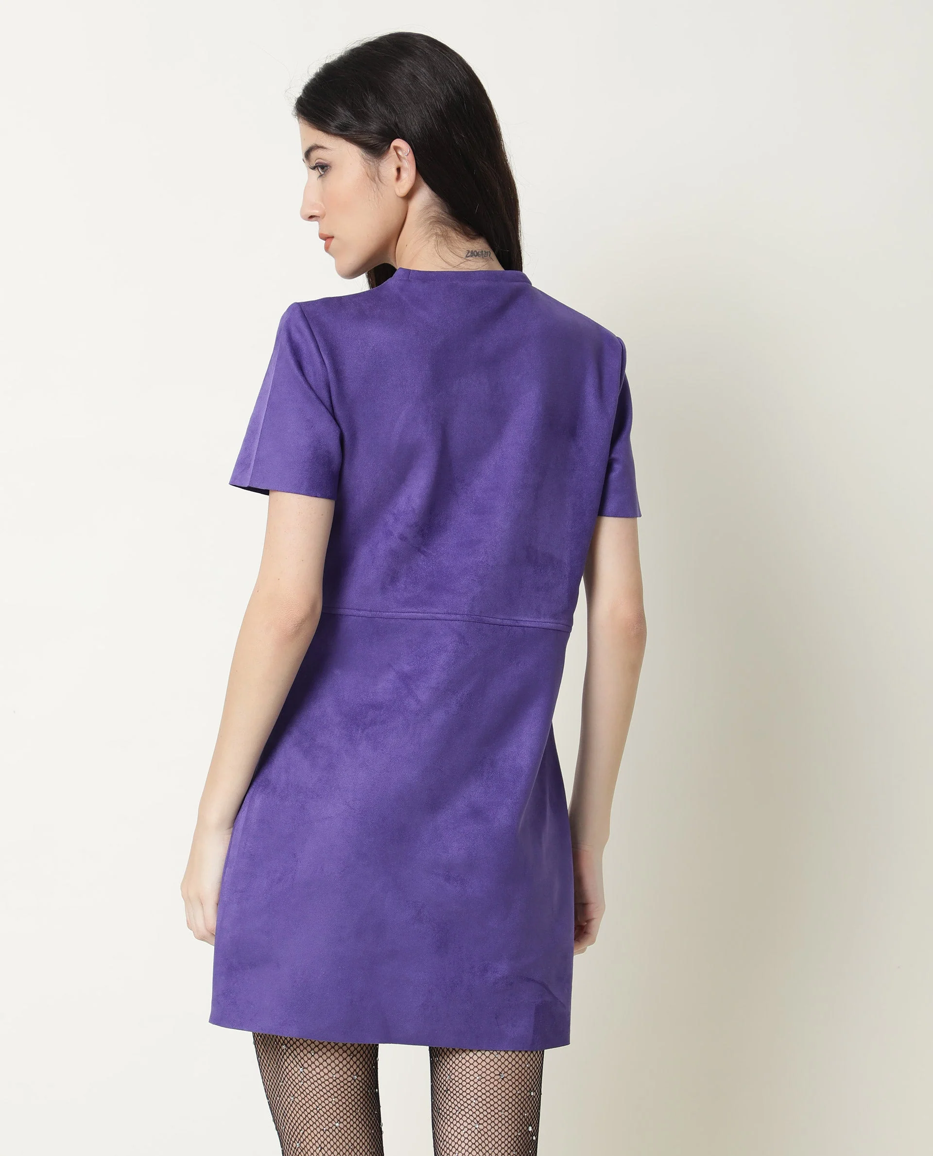 Rareism Women Sions Purple Round Neck Short Sleeves Mini Dress - Image 6