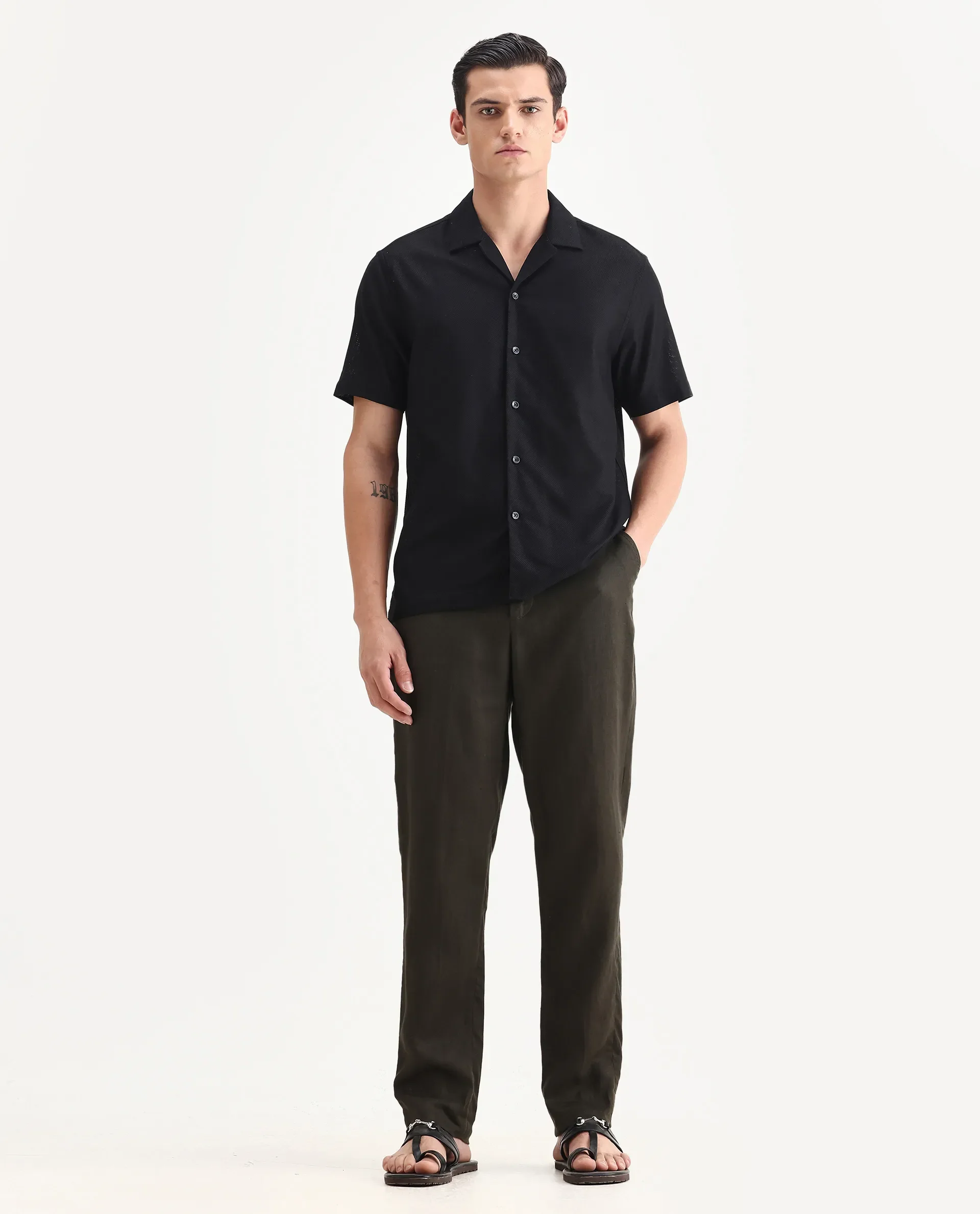 Rare Rabbit Men's Sirayo Black Cotton Blend Plain Boxy Fit Half Sleeve Cuban Collar Shirt - Image 2