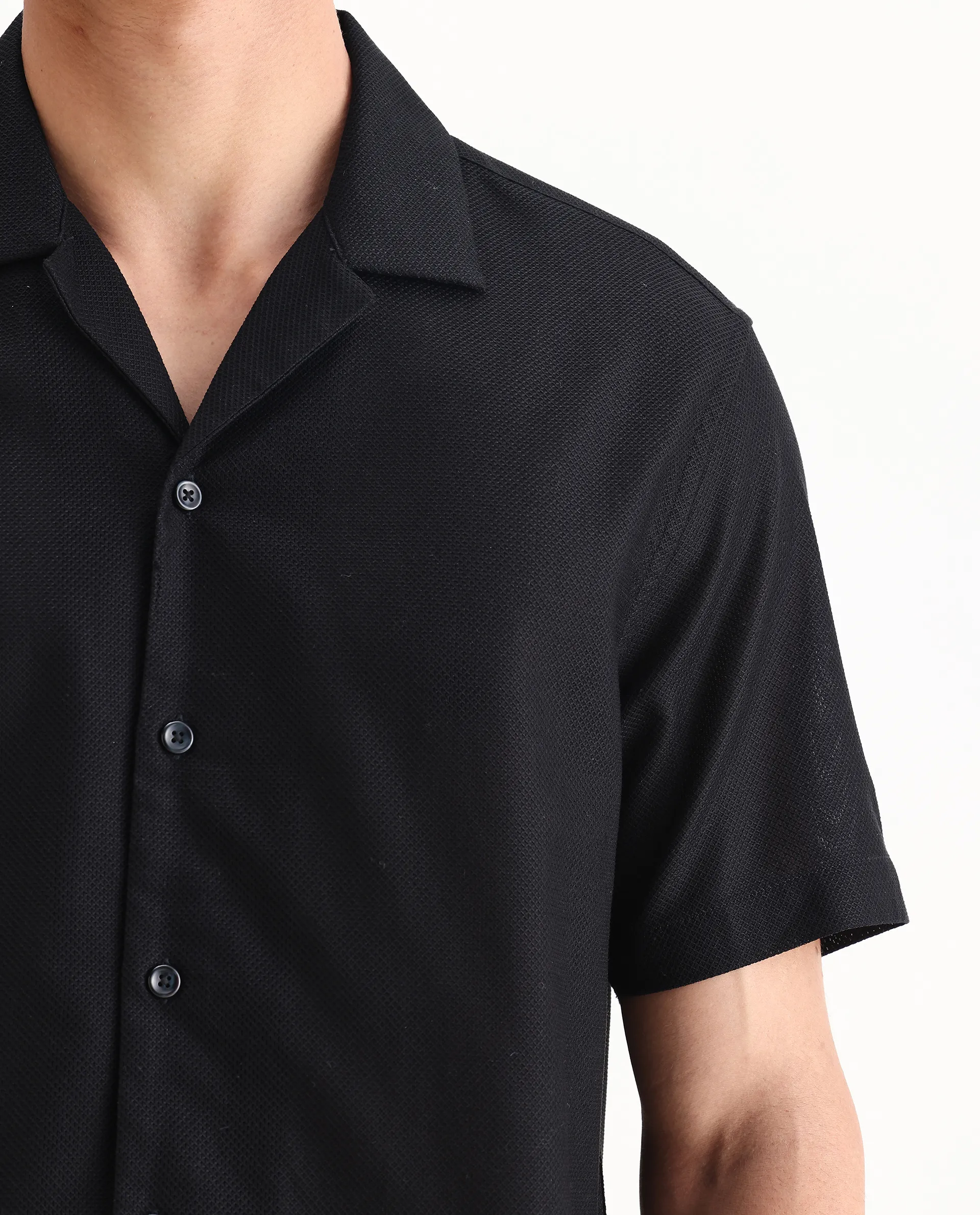 Rare Rabbit Men's Sirayo Black Cotton Blend Plain Boxy Fit Half Sleeve Cuban Collar Shirt - Image 3
