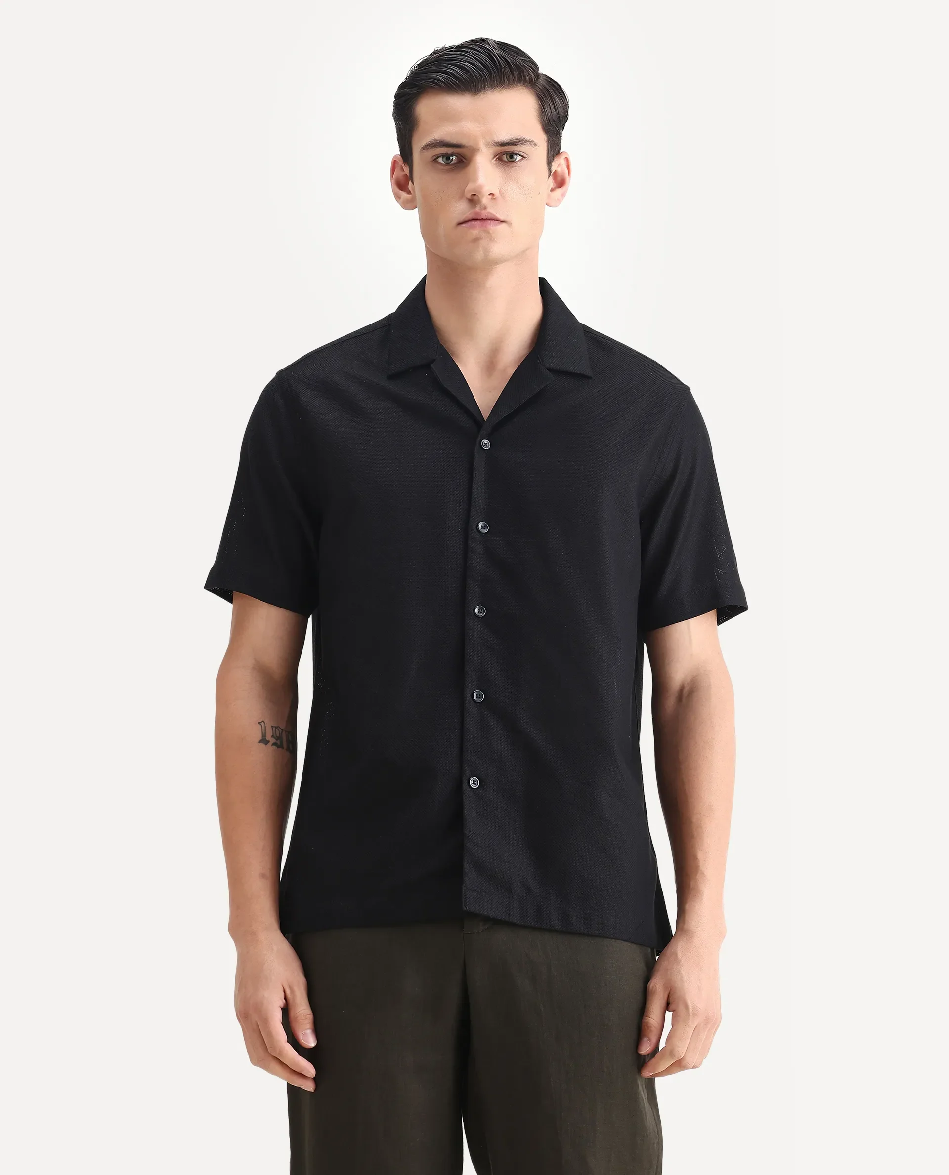 Rare Rabbit Men's Sirayo Black Cotton Blend Plain Boxy Fit Half Sleeve Cuban Collar Shirt - Image 4