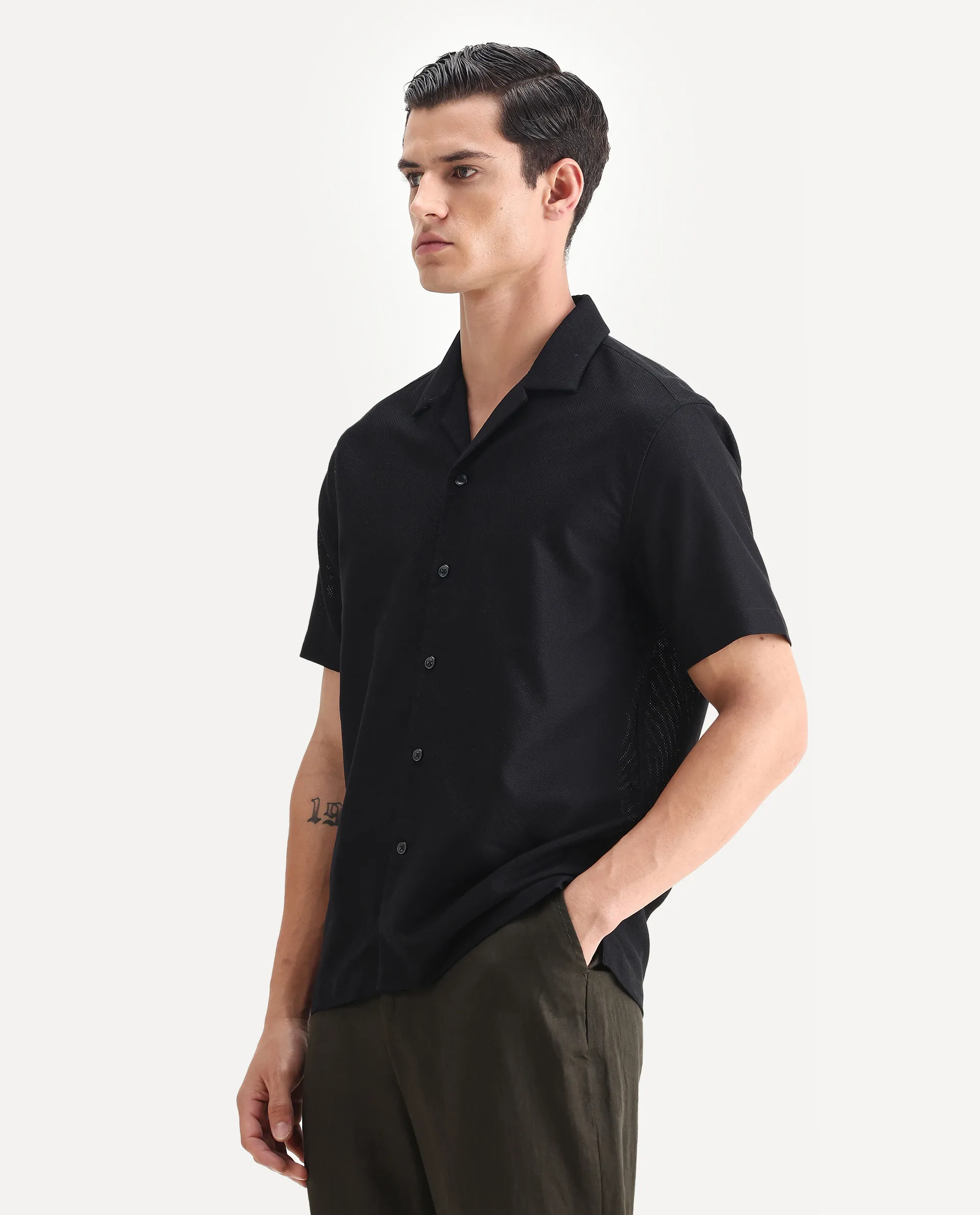 Rare Rabbit Men's Sirayo Black Cotton Blend Plain Boxy Fit Half Sleeve Cuban Collar Shirt - Image 5