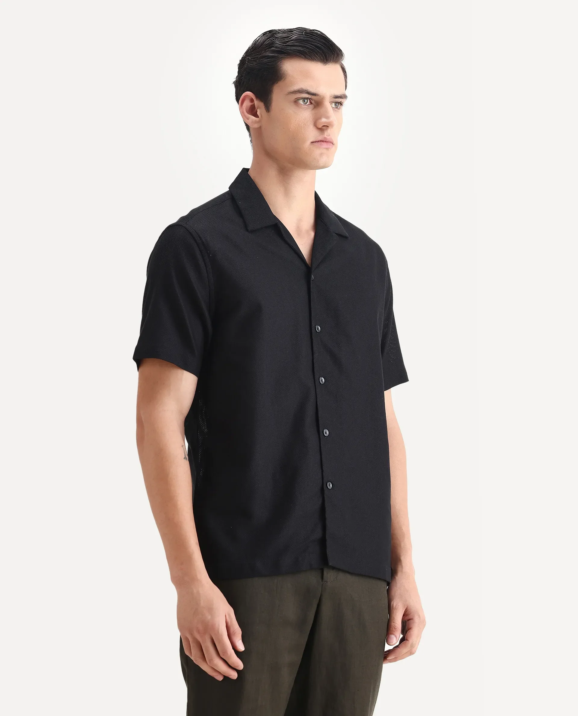 Rare Rabbit Men's Sirayo Black Cotton Blend Plain Boxy Fit Half Sleeve Cuban Collar Shirt - Image 6