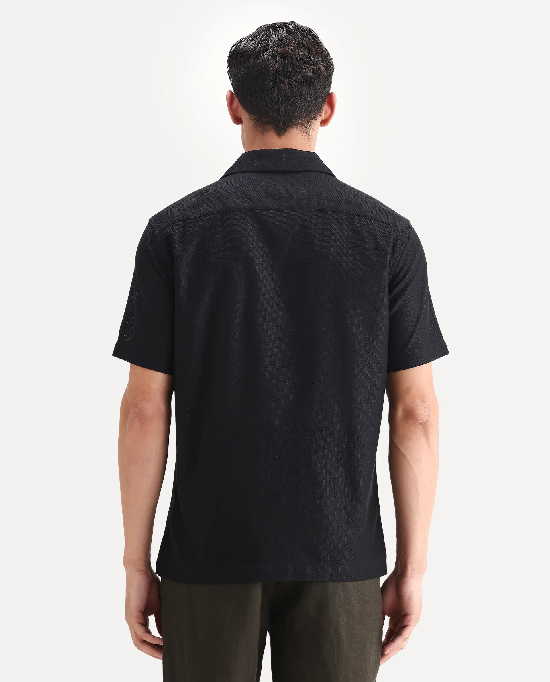 Rare Rabbit Men's Sirayo Black Cotton Blend Plain Boxy Fit Half Sleeve Cuban Collar Shirt - Image 7
