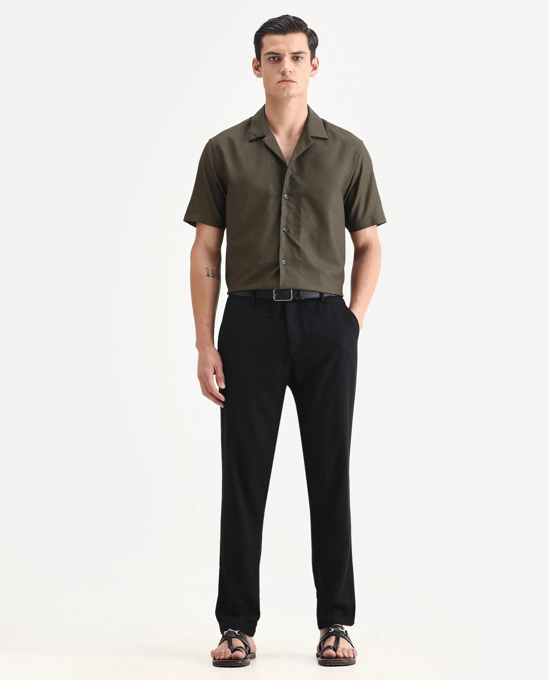 Rare Rabbit Men's Sirayo Dark Olive Cotton Blend Plain Boxy Fit Half Sleeve Cuban Collar Shirt - Image 2