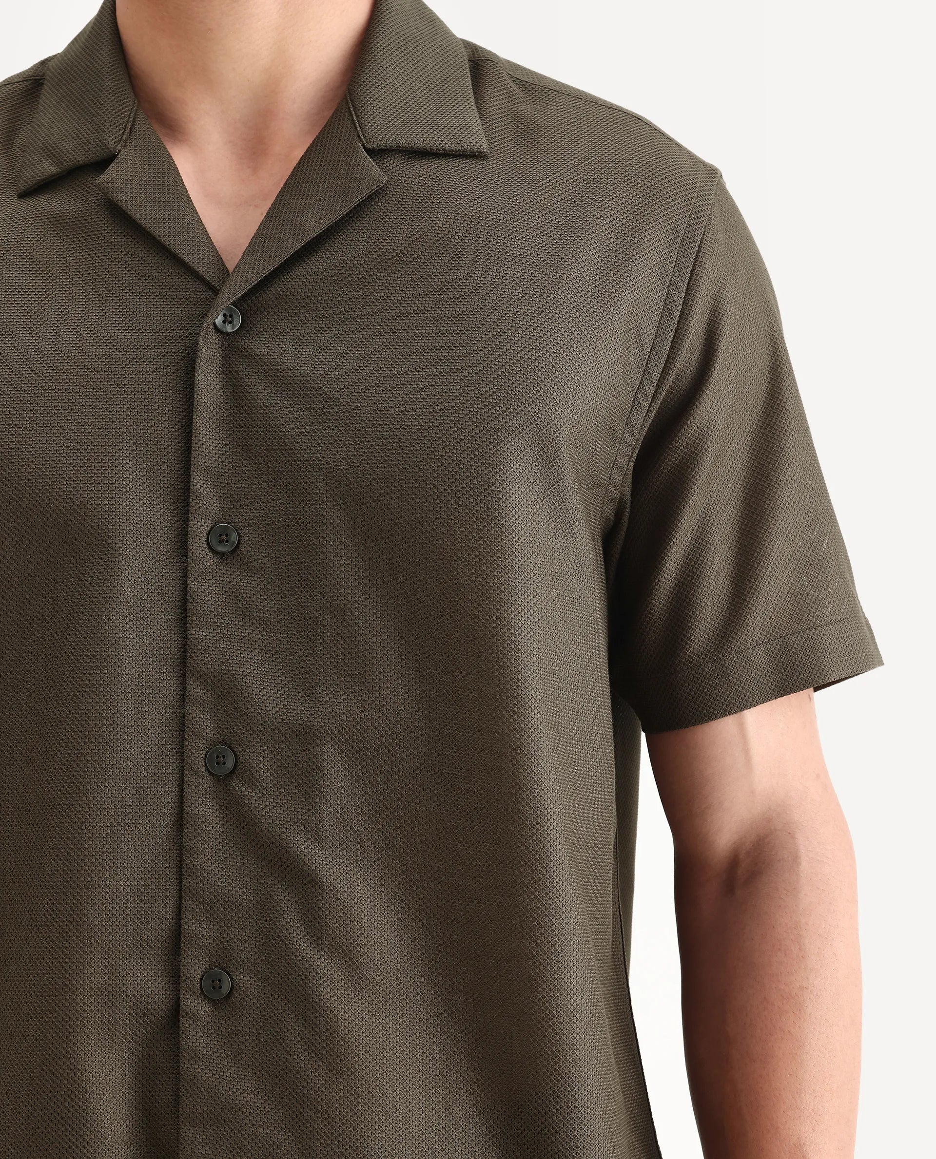 Rare Rabbit Men's Sirayo Dark Olive Cotton Blend Plain Boxy Fit Half Sleeve Cuban Collar Shirt - Image 3