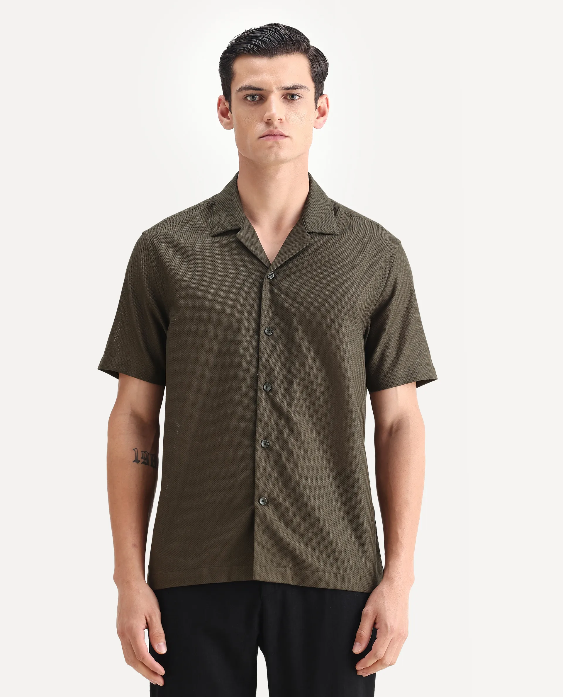 Rare Rabbit Men's Sirayo Dark Olive Cotton Blend Plain Boxy Fit Half Sleeve Cuban Collar Shirt - Image 4