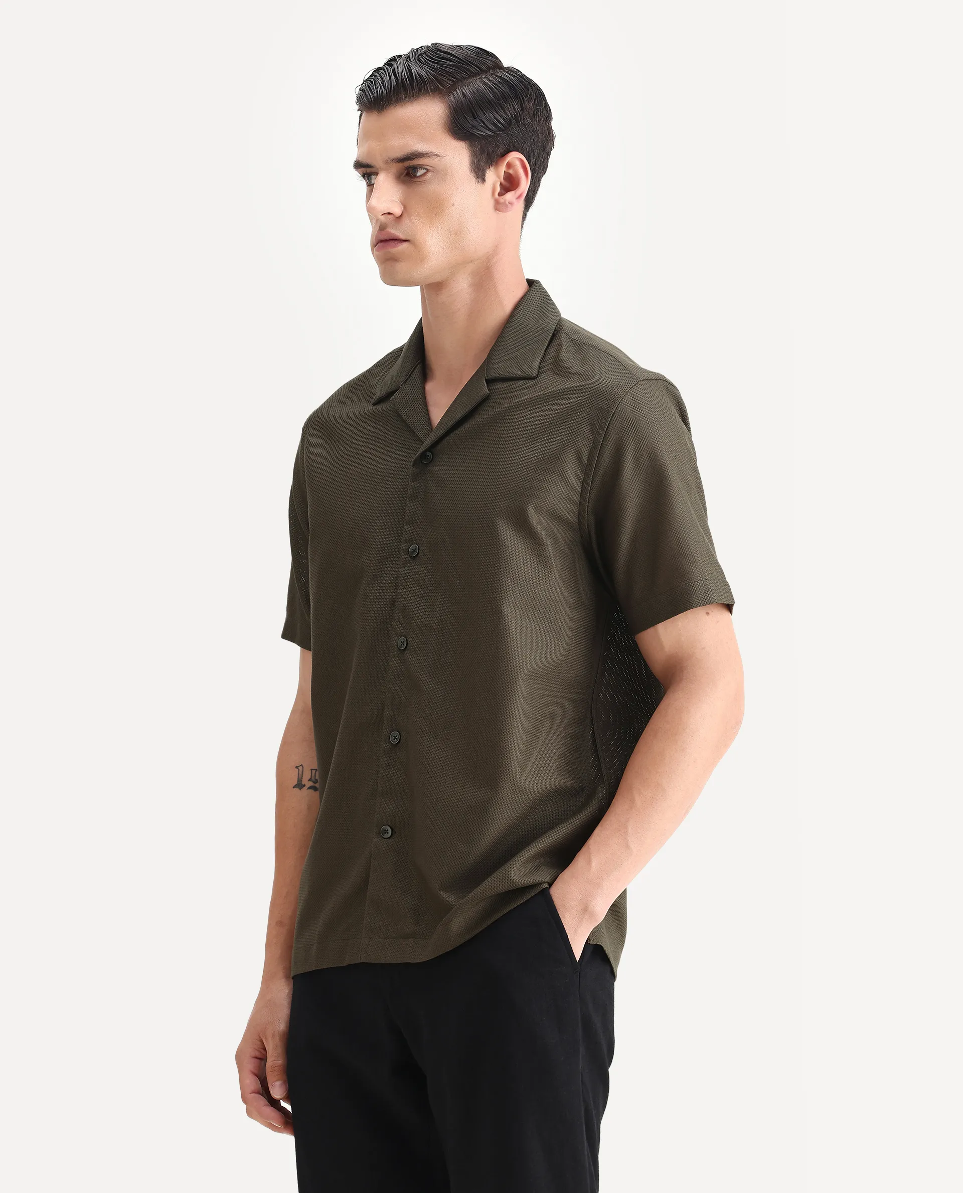 Rare Rabbit Men's Sirayo Dark Olive Cotton Blend Plain Boxy Fit Half Sleeve Cuban Collar Shirt - Image 5