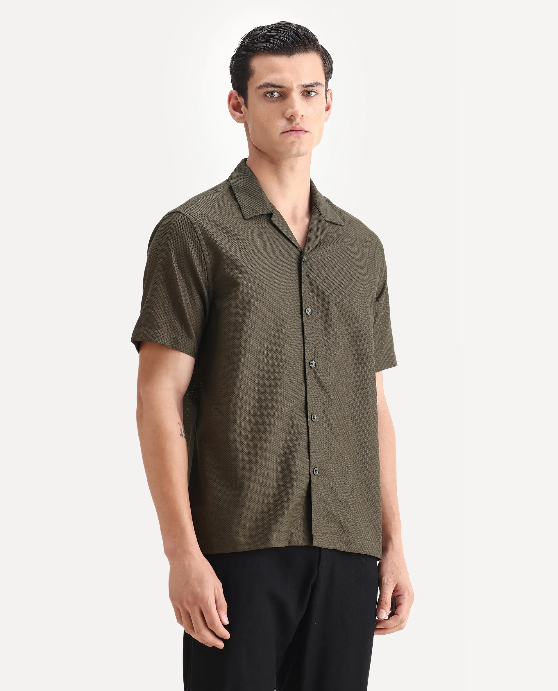 Rare Rabbit Men's Sirayo Dark Olive Cotton Blend Plain Boxy Fit Half Sleeve Cuban Collar Shirt - Image 6