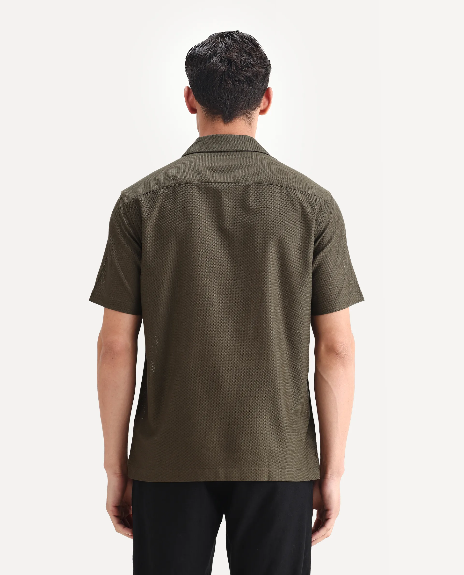Rare Rabbit Men's Sirayo Dark Olive Cotton Blend Plain Boxy Fit Half Sleeve Cuban Collar Shirt - Image 7