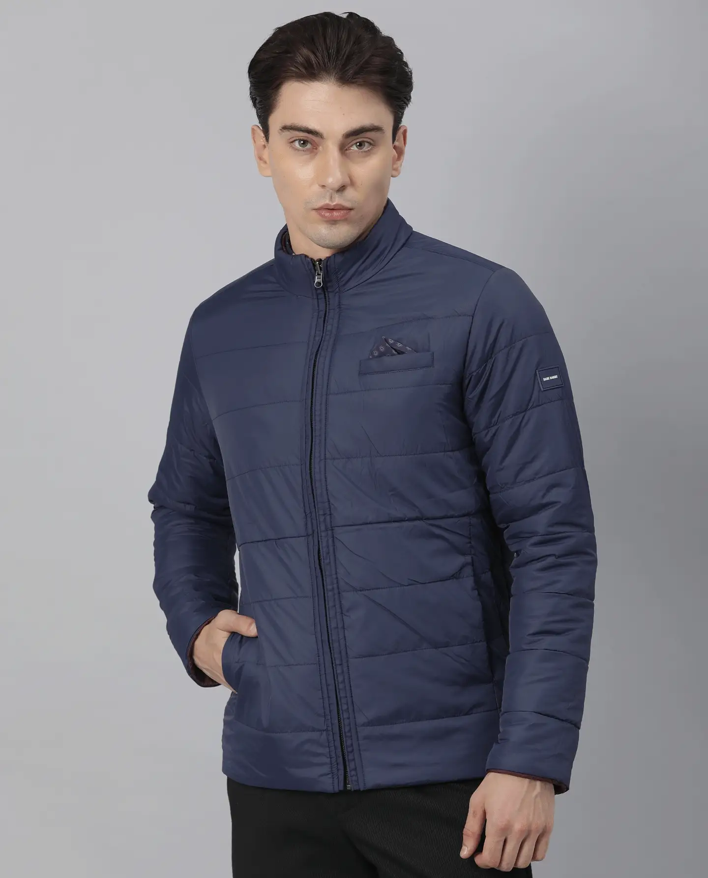 Rare Rabbit Men's Sirex Navy Nylon Plain Regular Fit Full Sleeve High Neck Jacket