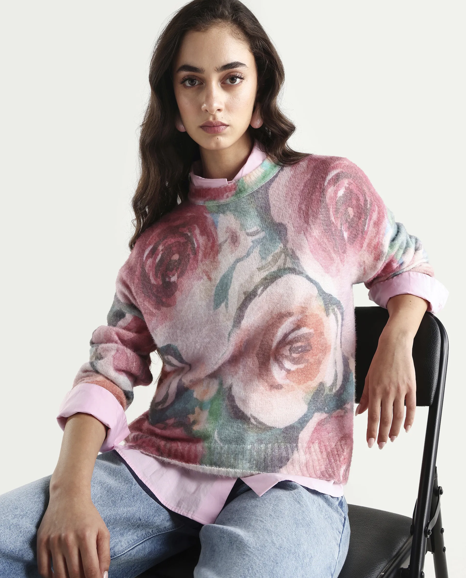 Rareism Women's Siri-R Dusky Multi Acrylic Blend Relaxed Fit Printed Sweater