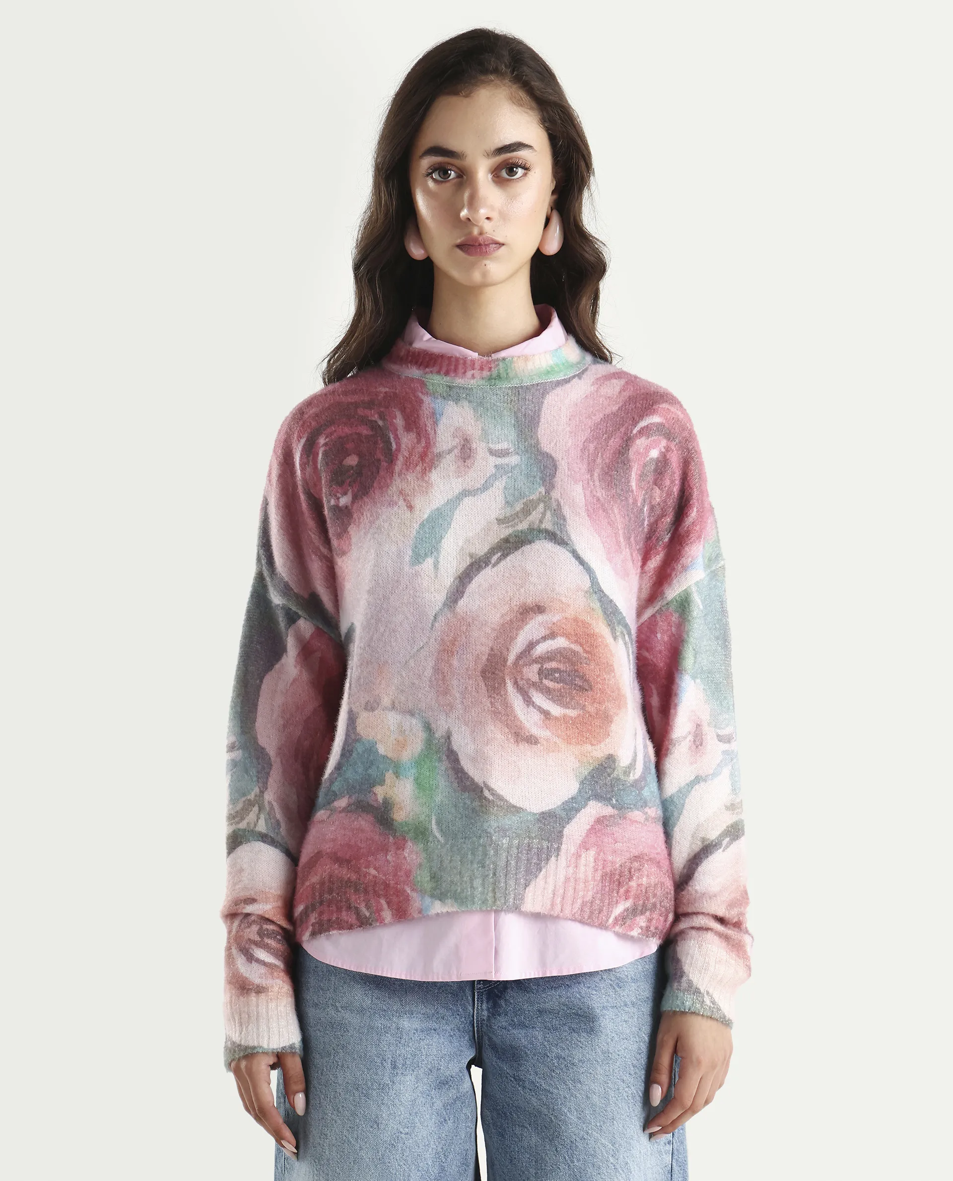 Rareism Women's Siri-R Dusky Multi Acrylic Blend Relaxed Fit Printed Sweater - Image 3
