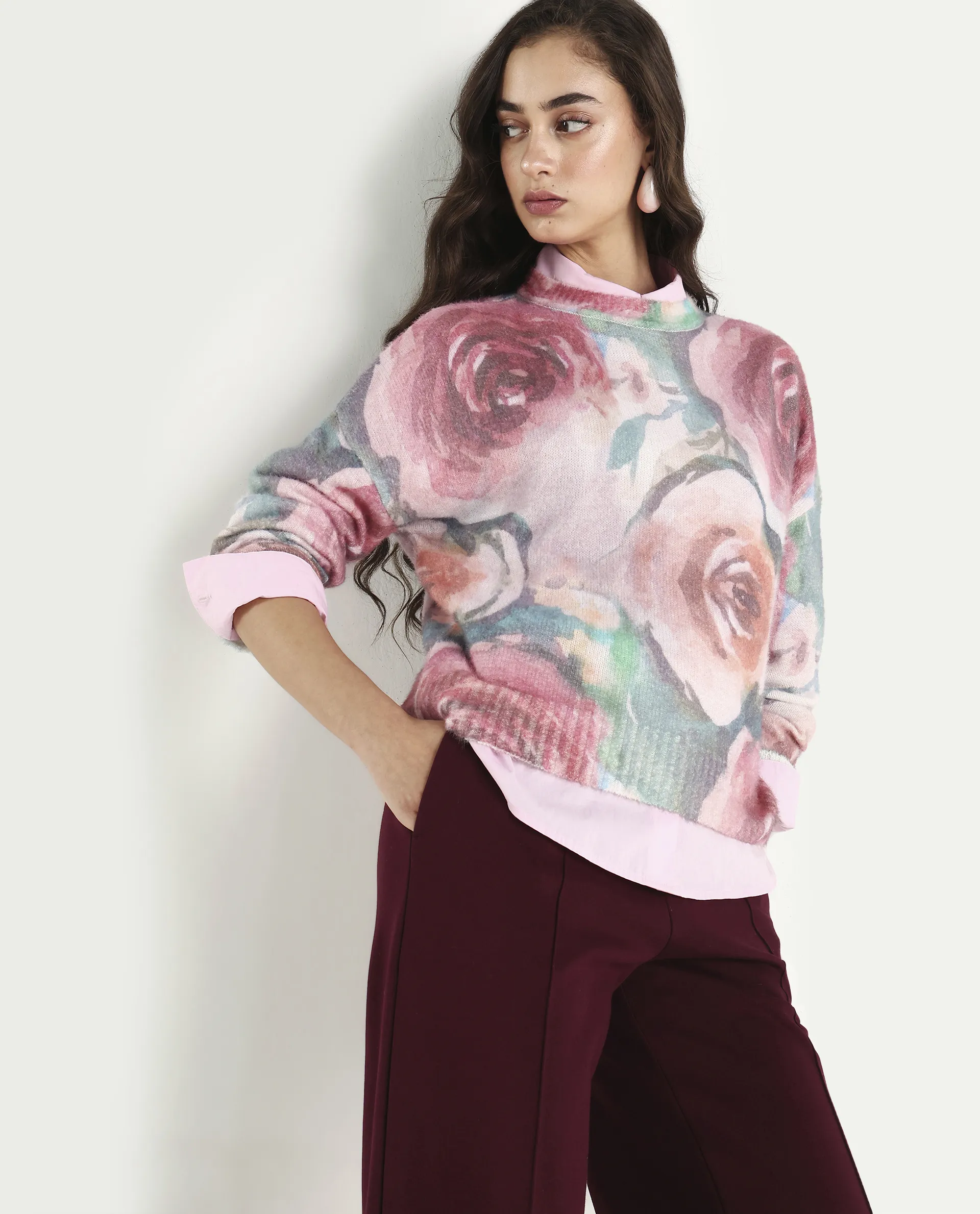 Rareism Women's Siri Dusky Multi Acrylic Blend High Neck Relaxed Fit Sweater