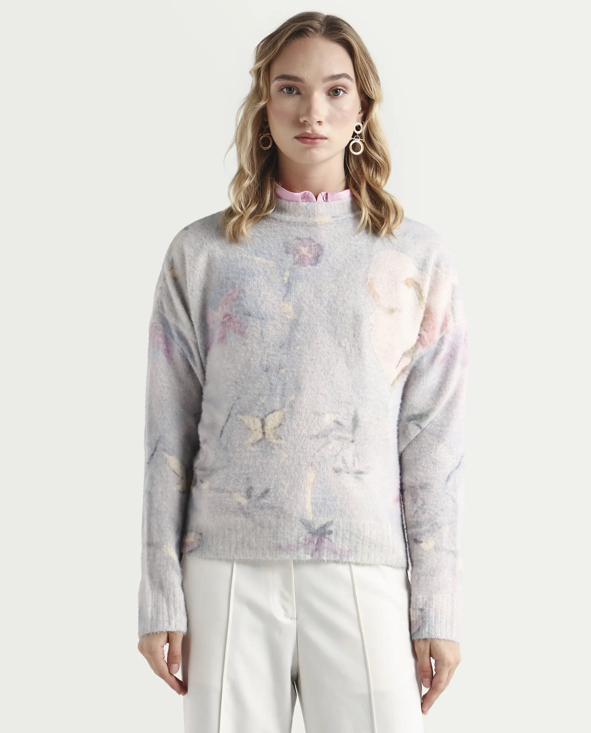 Rareism Women's Siriko Light Multi Acrylic Blend Crew Neck Floral Print Relaxed Fit Sweater - Image 3