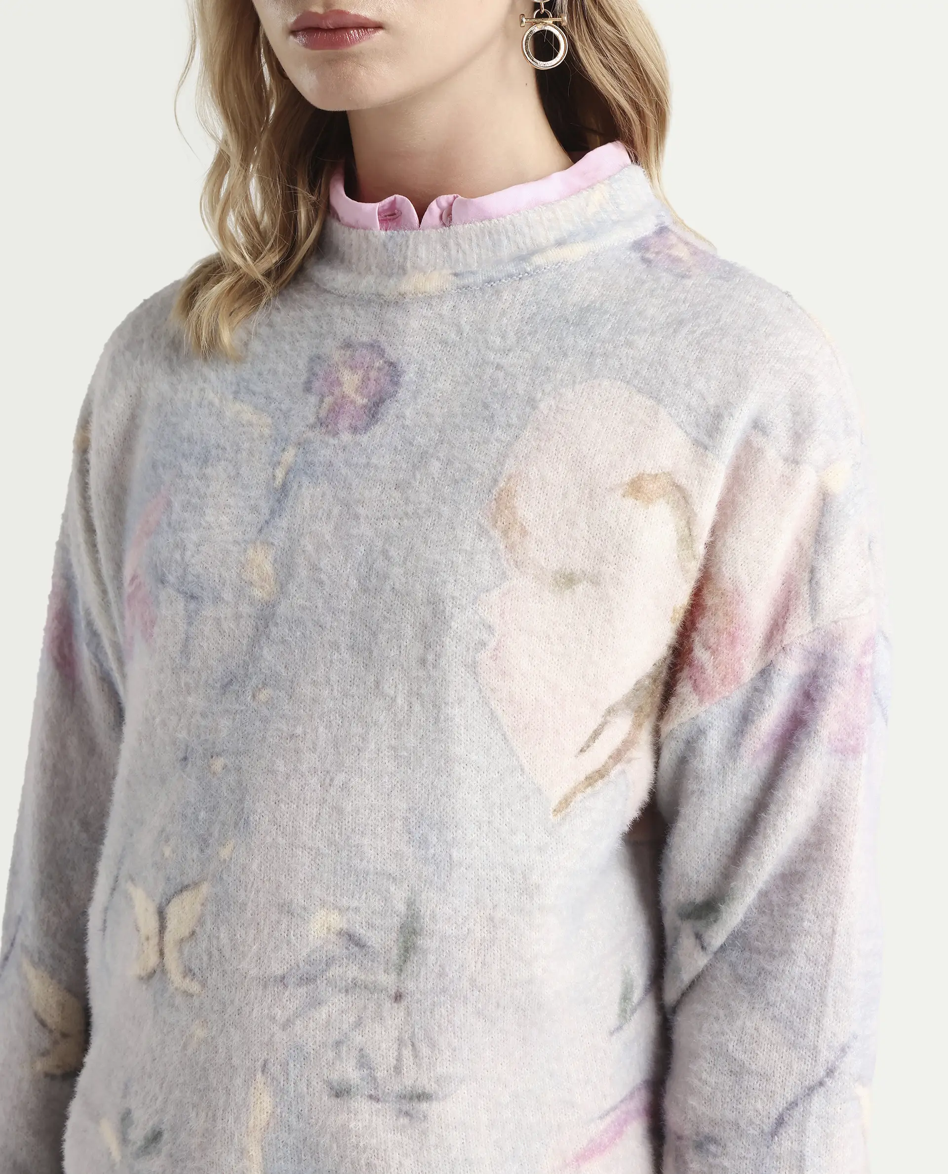 Rareism Women's Siriko Light Multi Acrylic Blend Crew Neck Floral Print Relaxed Fit Sweater - Image 4