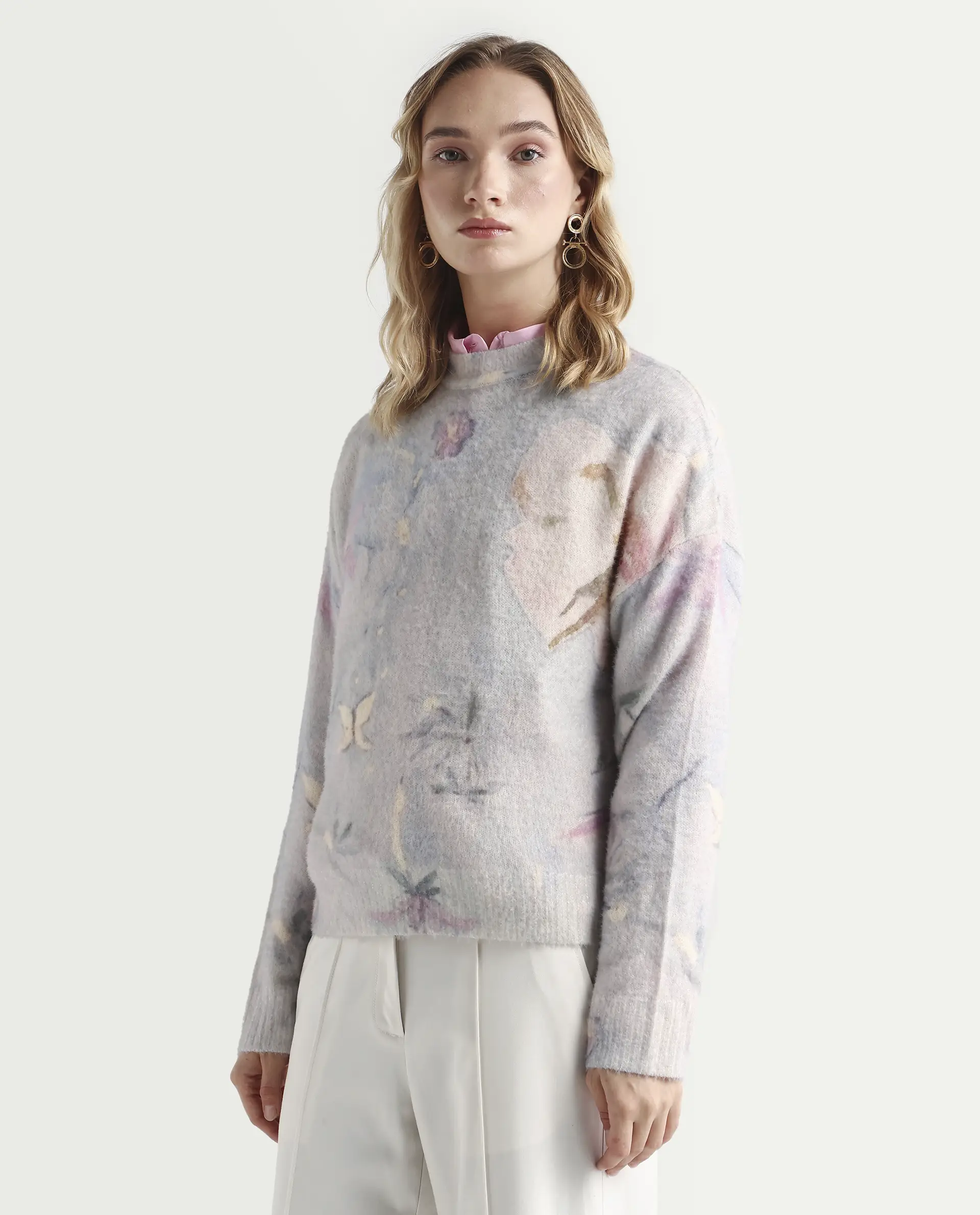 Rareism Women's Siriko Light Multi Acrylic Blend Crew Neck Floral Print Relaxed Fit Sweater - Image 5