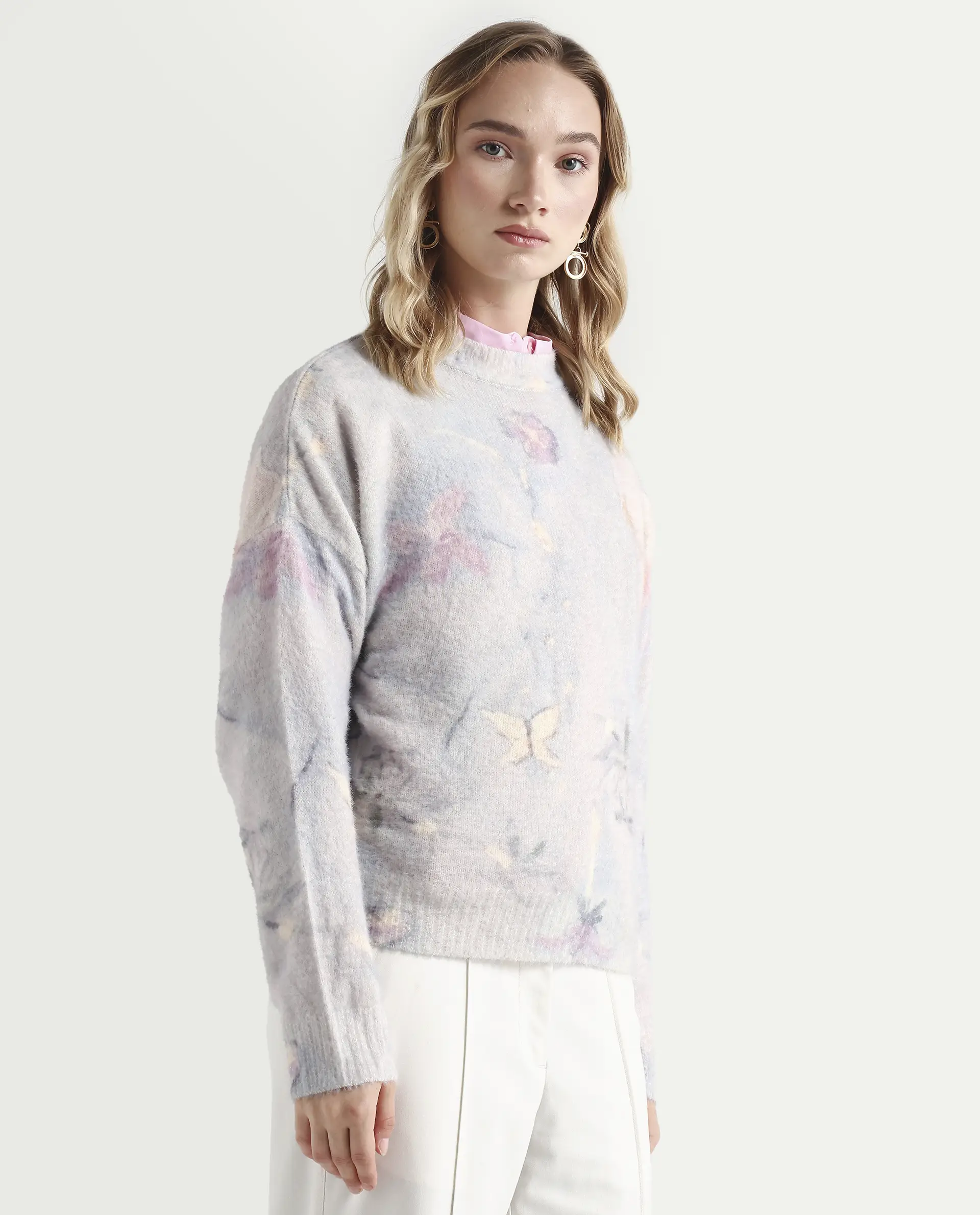 Rareism Women's Siriko Light Multi Acrylic Blend Crew Neck Floral Print Relaxed Fit Sweater - Image 6
