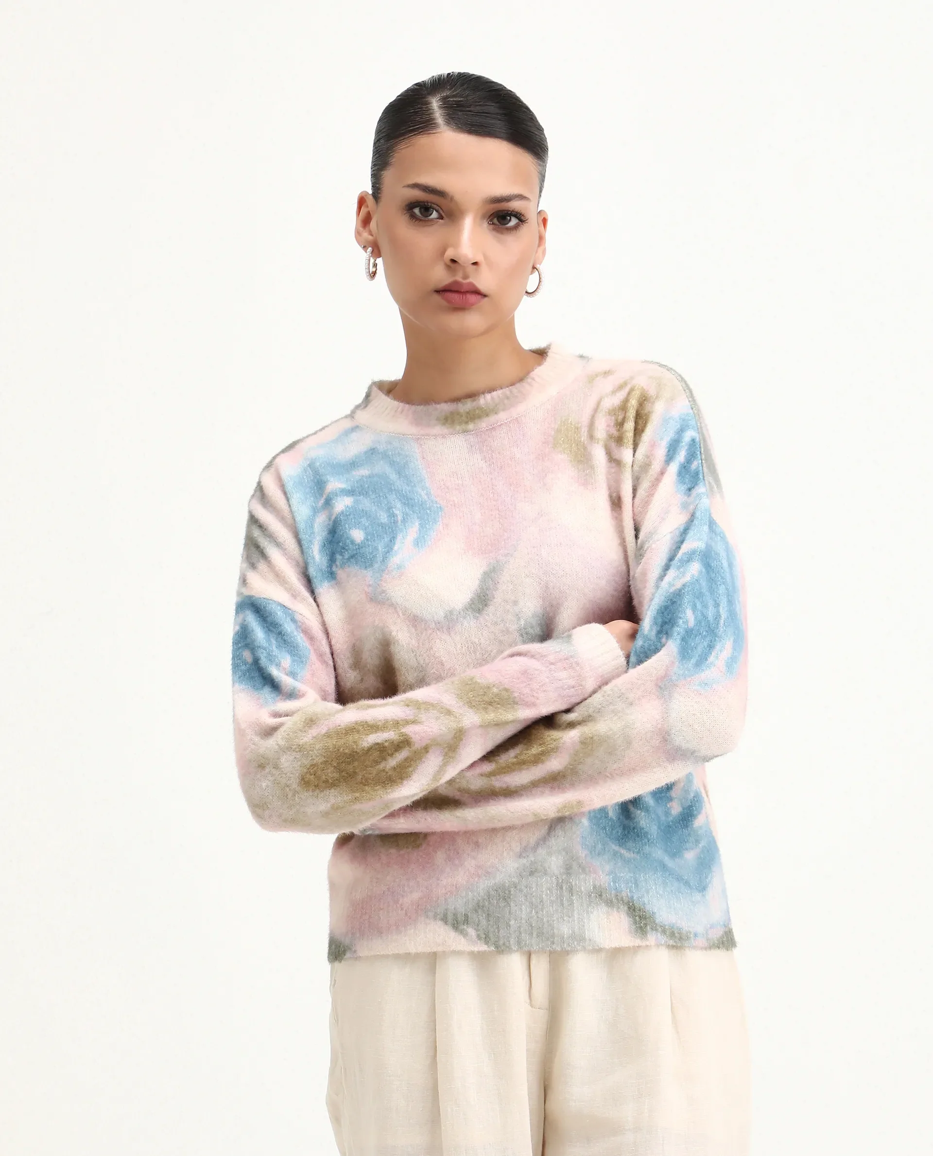 Rareism Women's Siril Dusky Multi Acrylic Blend Crew Neck Relaxed Fit Sweater - Image 4