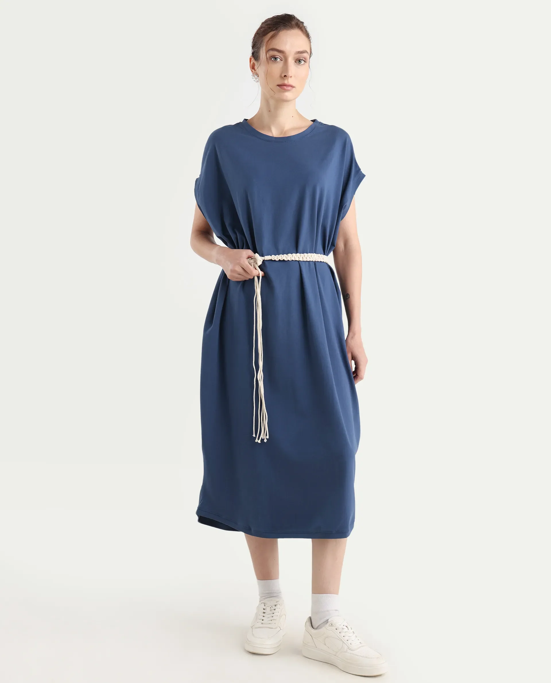 Rareism Women's Siriyo Dark Blue Cotton Crew Neck Plain Extended Sleeves Maxi Relaxed Fit Dress - Image 2