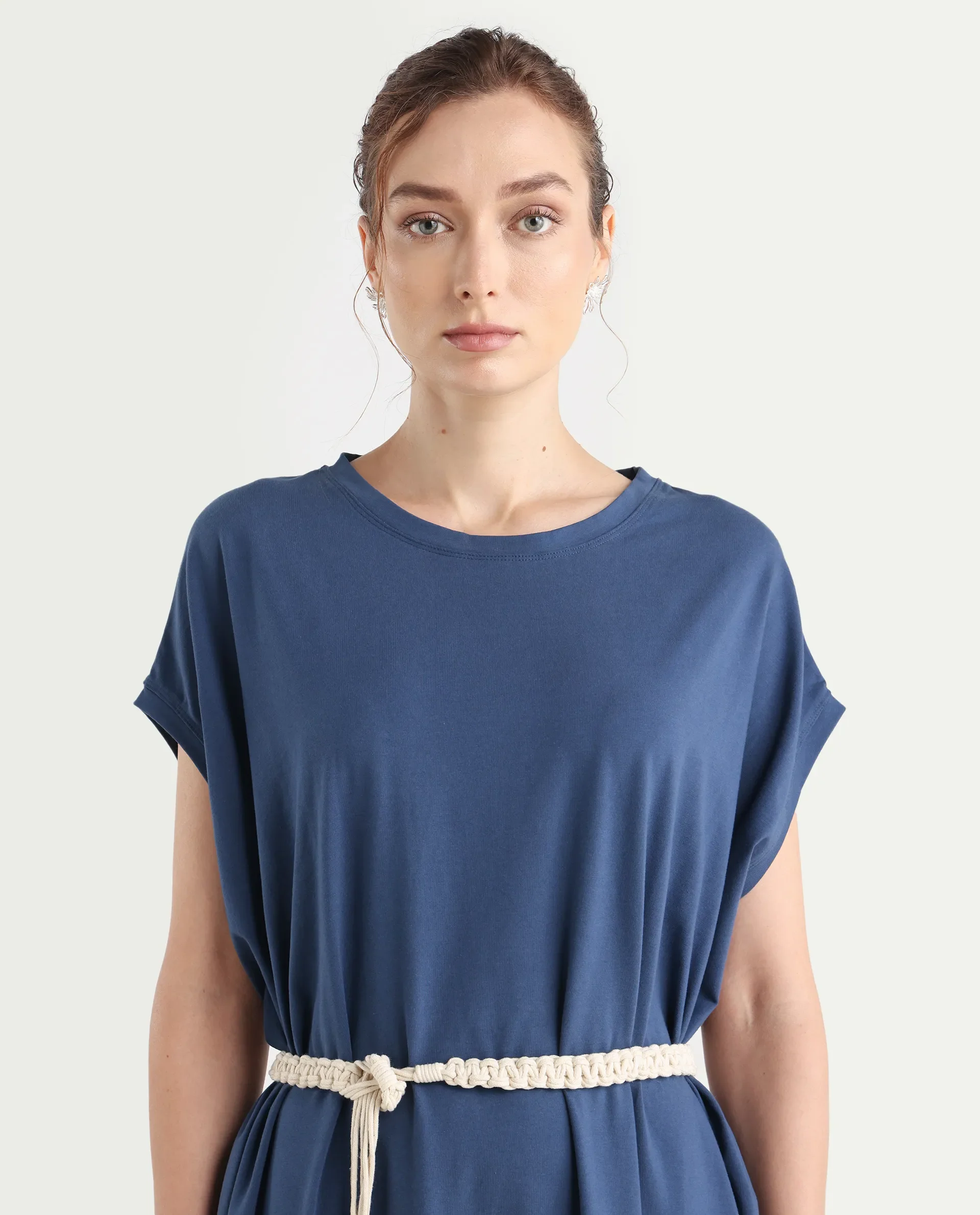 Rareism Women's Siriyo Dark Blue Cotton Crew Neck Plain Extended Sleeves Maxi Relaxed Fit Dress - Image 3