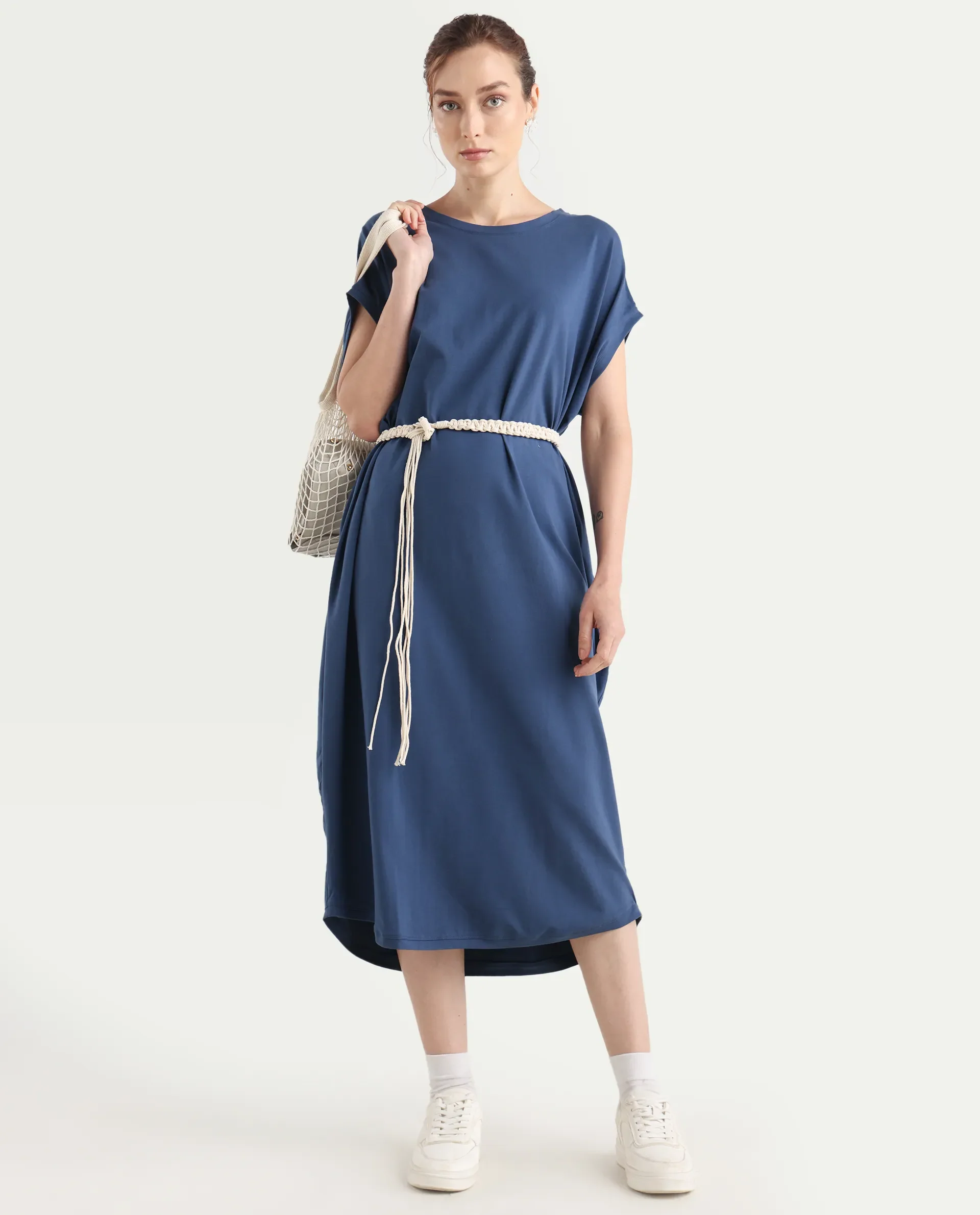 Rareism Women's Siriyo Dark Blue Cotton Crew Neck Plain Extended Sleeves Maxi Relaxed Fit Dress - Image 4