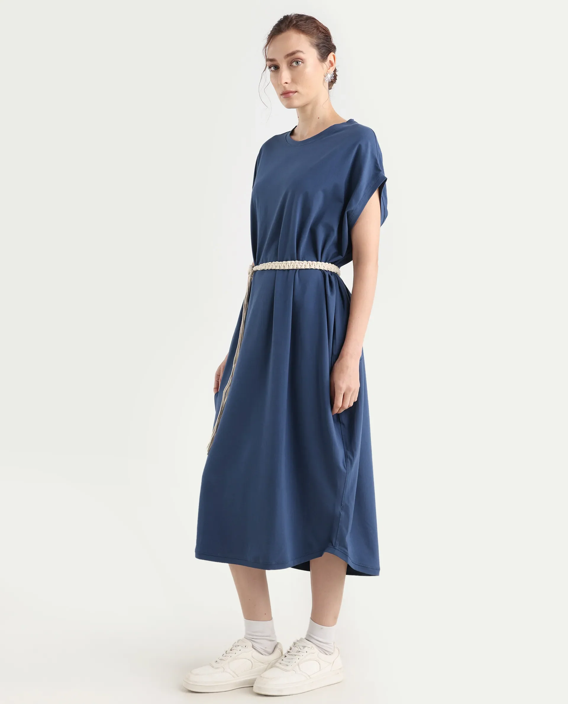 Rareism Women's Siriyo Dark Blue Cotton Crew Neck Plain Extended Sleeves Maxi Relaxed Fit Dress - Image 5
