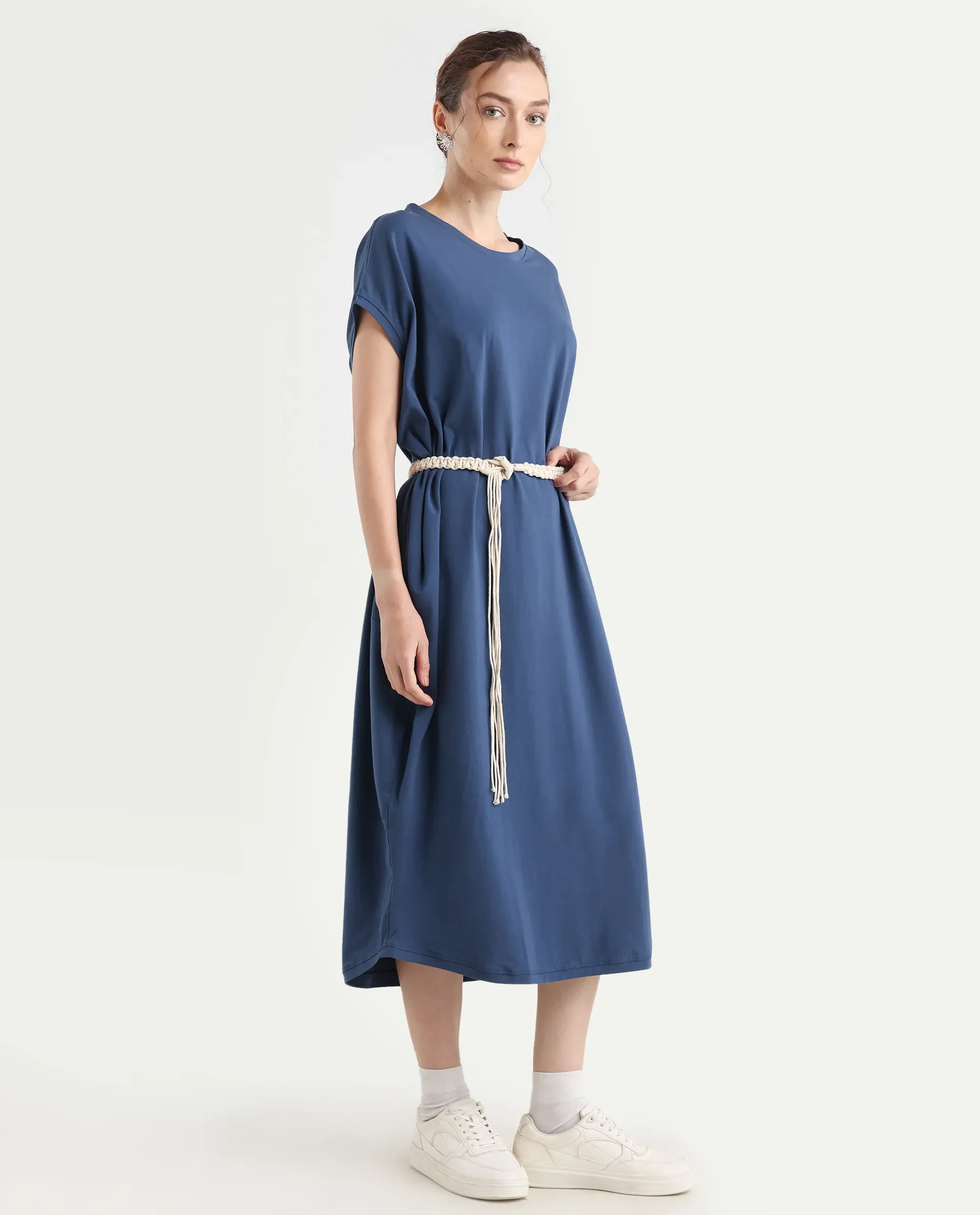 Rareism Women's Siriyo Dark Blue Cotton Crew Neck Plain Extended Sleeves Maxi Relaxed Fit Dress - Image 6