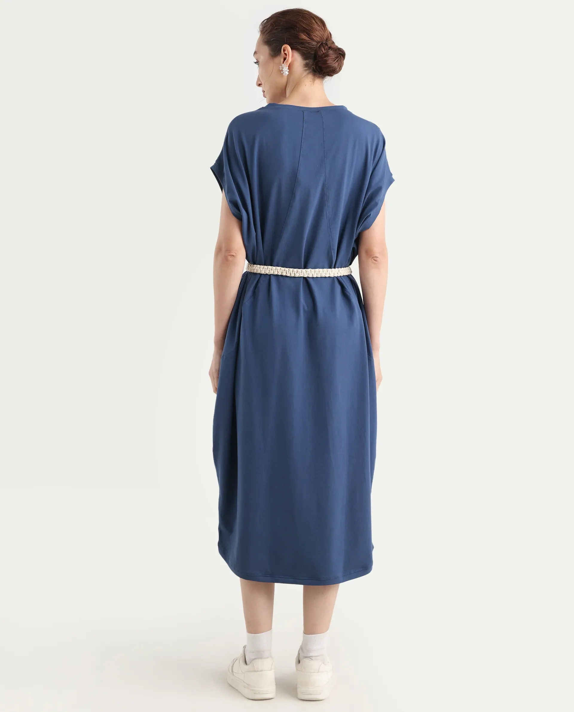 Rareism Women's Siriyo Dark Blue Cotton Crew Neck Plain Extended Sleeves Maxi Relaxed Fit Dress - Image 7