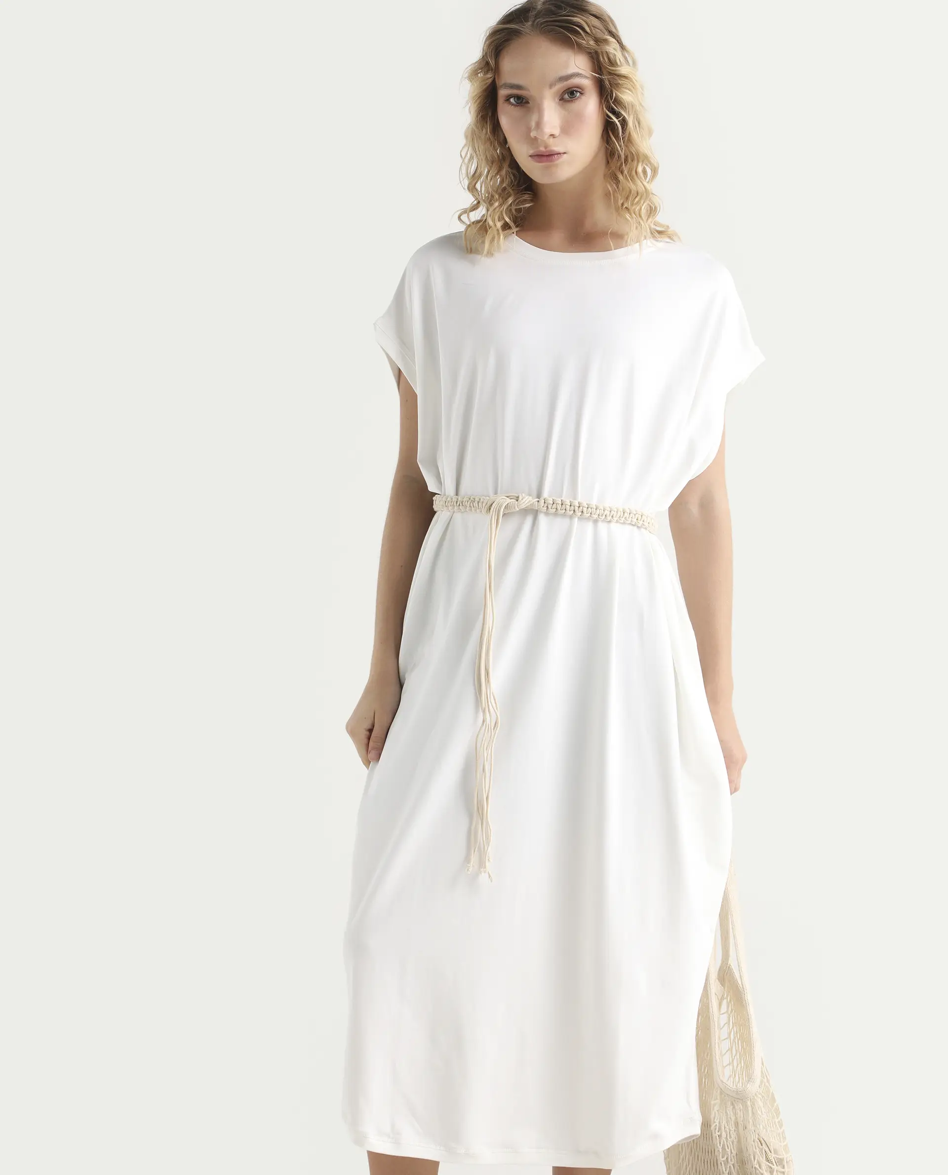Rareism Women's Siriyo Off White Cotton Crew Neck Plain Extended Sleeves Midi Relaxed Fit Dress