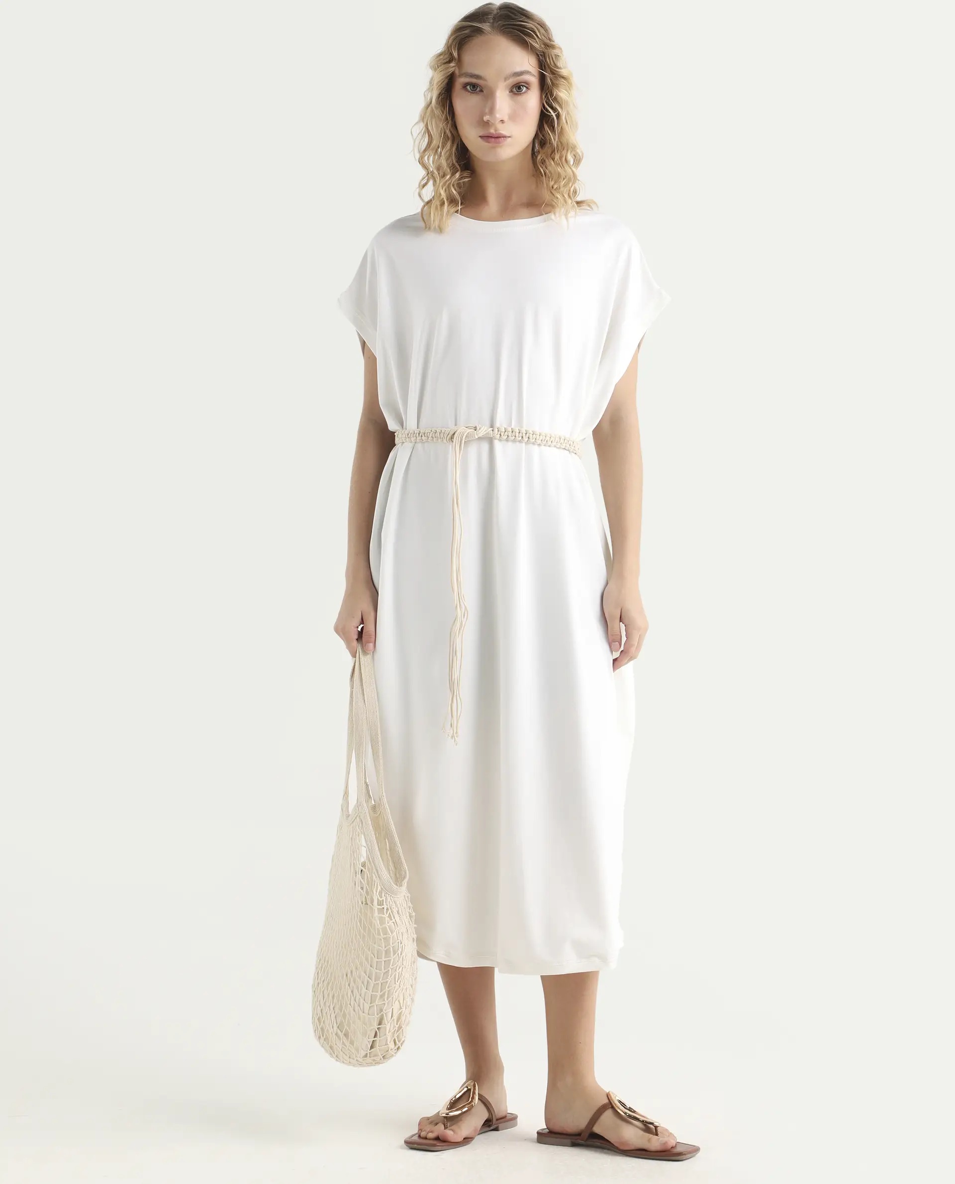 Rareism Women's Siriyo Off White Cotton Crew Neck Plain Extended Sleeves Midi Relaxed Fit Dress - Image 2