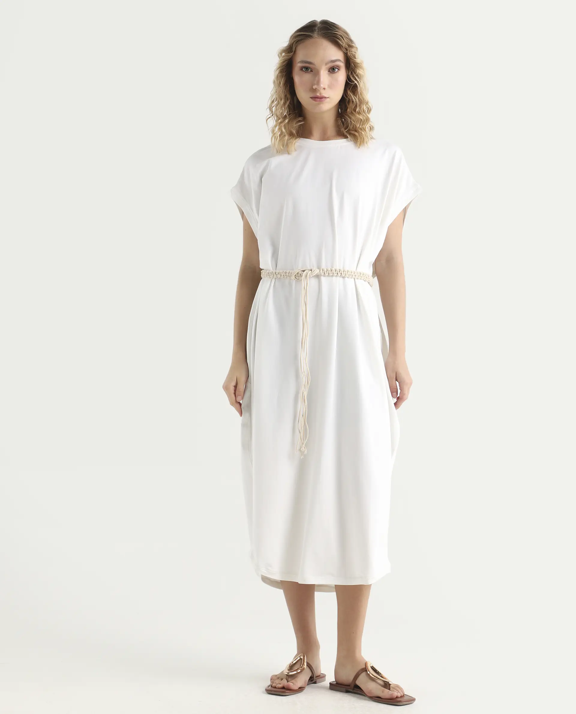 Rareism Women's Siriyo Off White Cotton Crew Neck Plain Extended Sleeves Midi Relaxed Fit Dress - Image 3