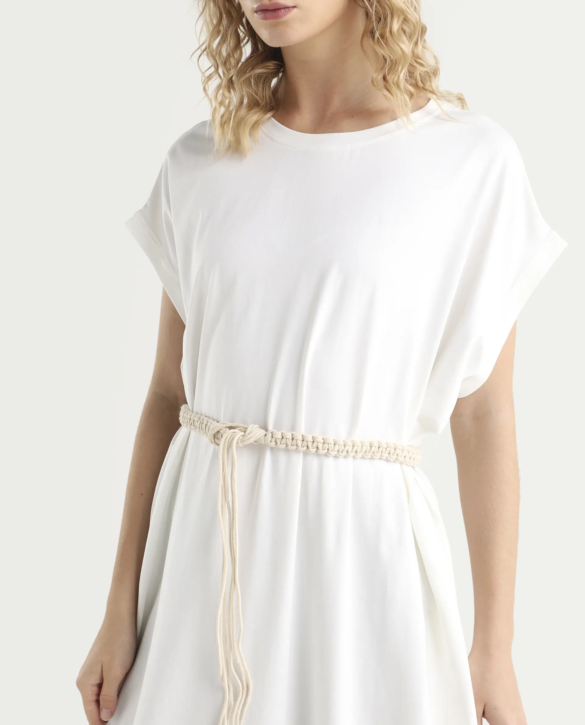 Rareism Women's Siriyo Off White Cotton Crew Neck Plain Extended Sleeves Midi Relaxed Fit Dress - Image 4