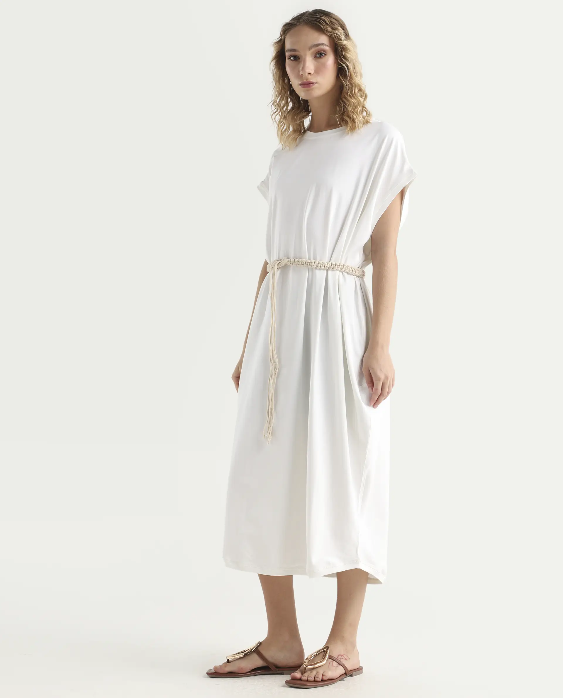 Rareism Women's Siriyo Off White Cotton Crew Neck Plain Extended Sleeves Midi Relaxed Fit Dress - Image 5