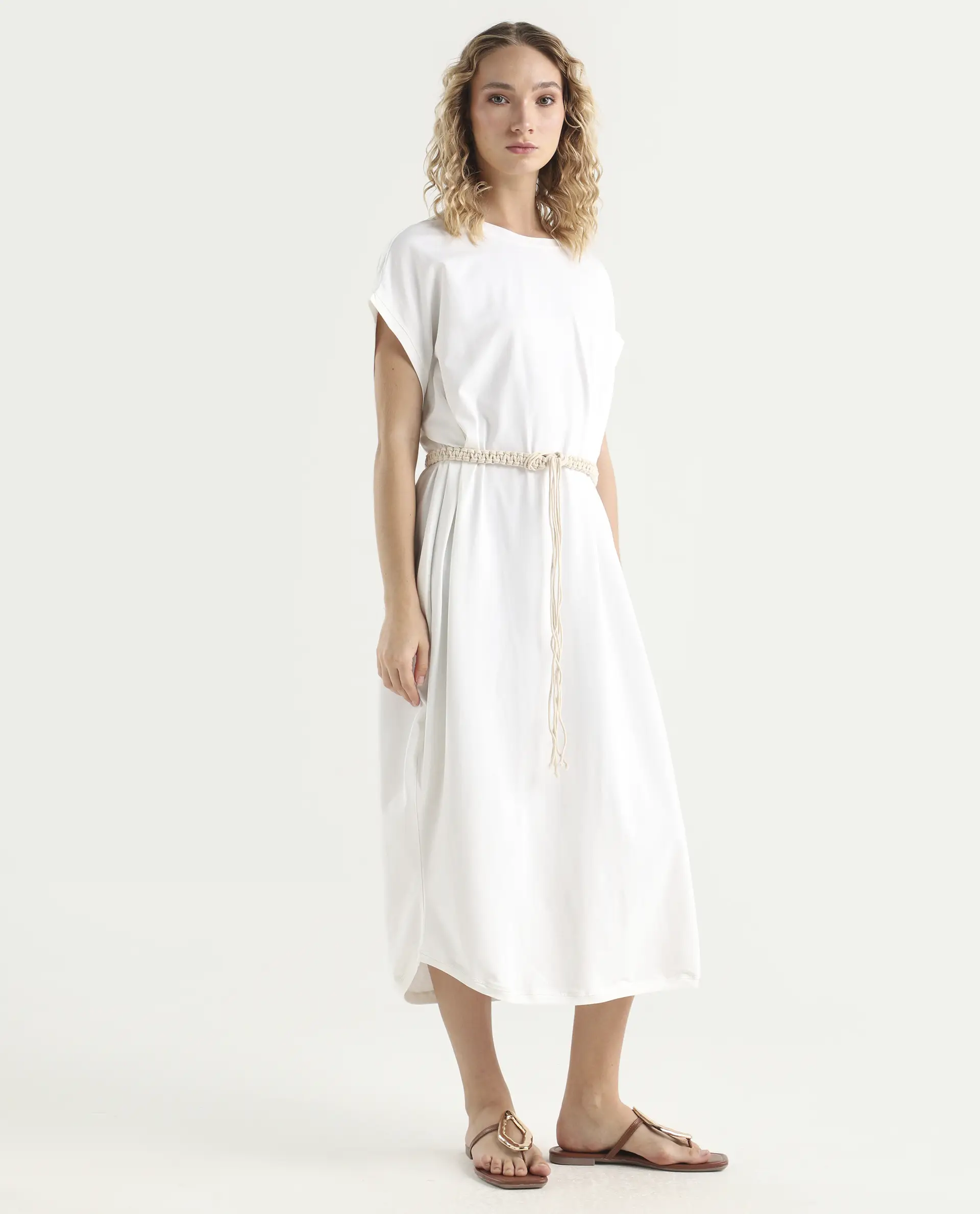 Rareism Women's Siriyo Off White Cotton Crew Neck Plain Extended Sleeves Midi Relaxed Fit Dress - Image 6