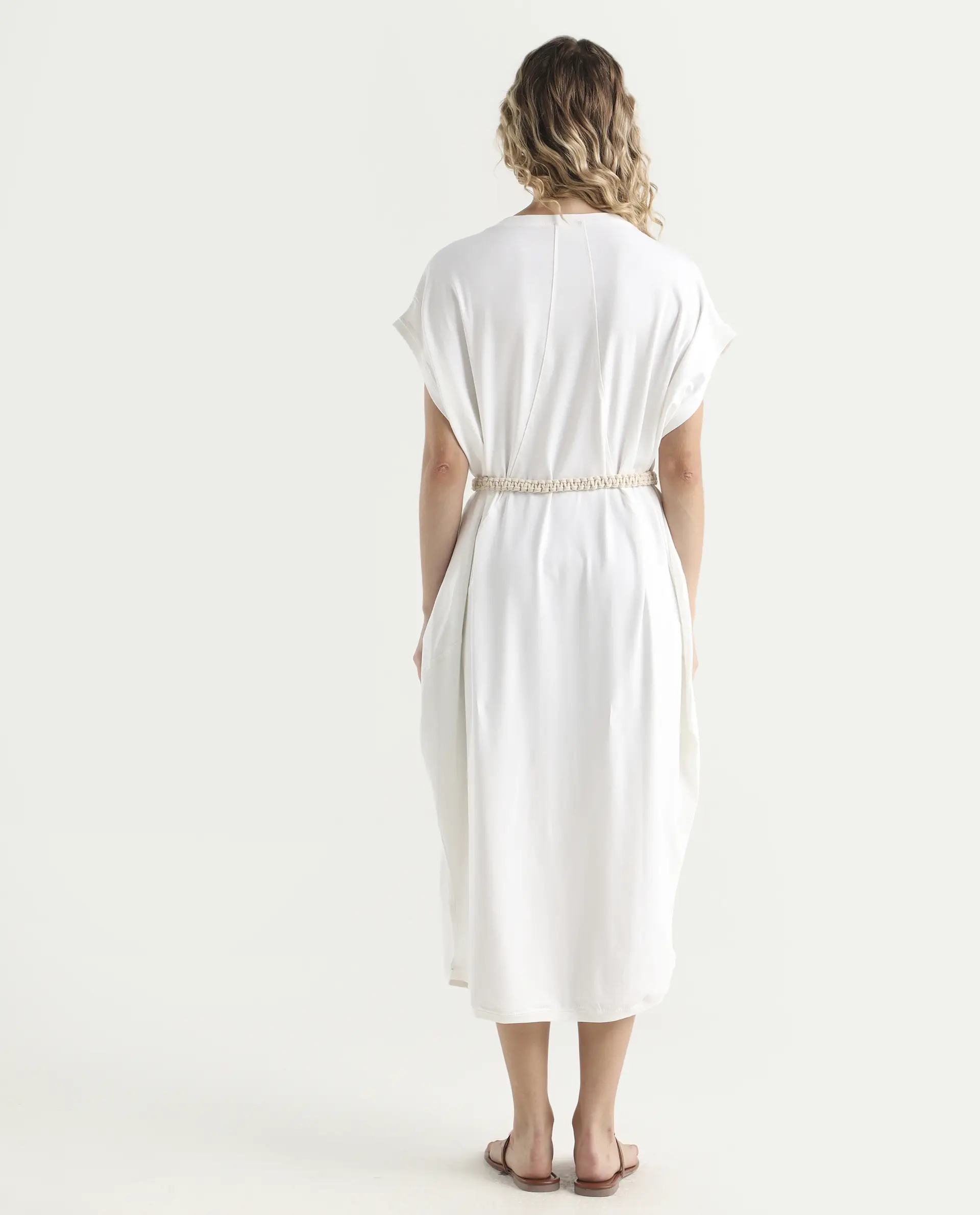 Rareism Women's Siriyo Off White Cotton Crew Neck Plain Extended Sleeves Midi Relaxed Fit Dress - Image 7